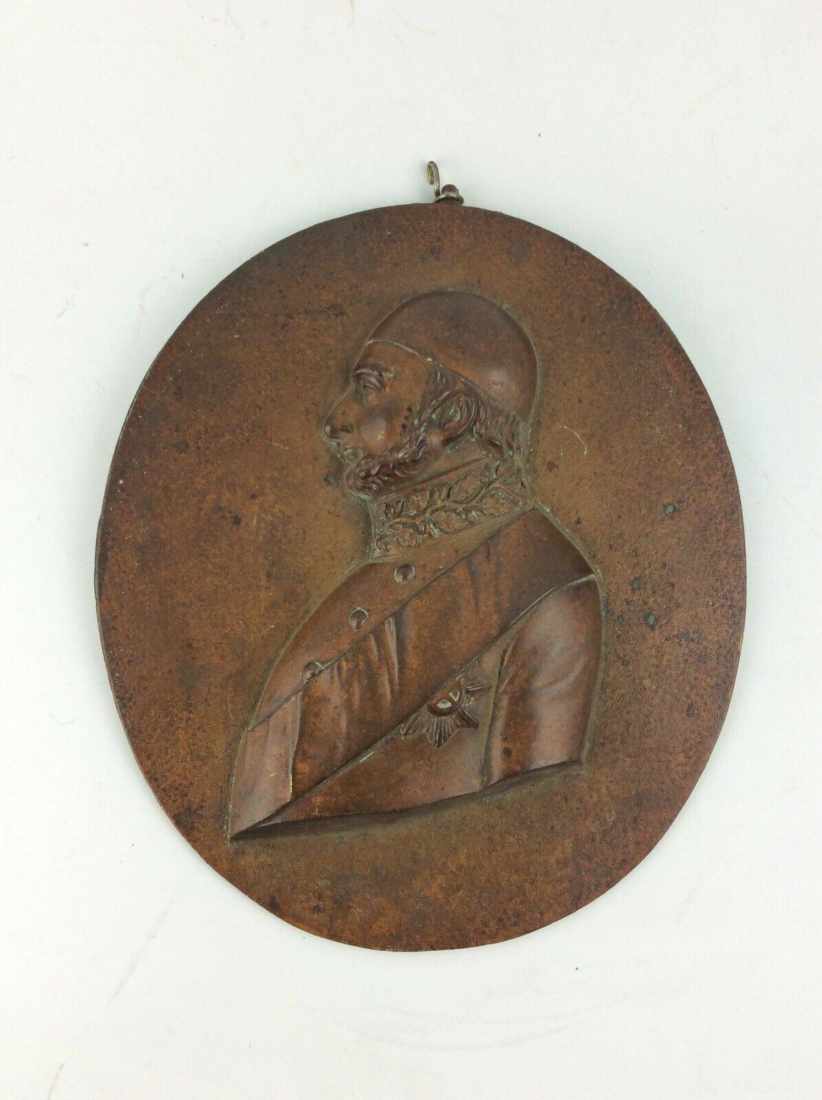 Antique English Bas Relief  bronze Portrait plaque Man wearing Garter dated 1840