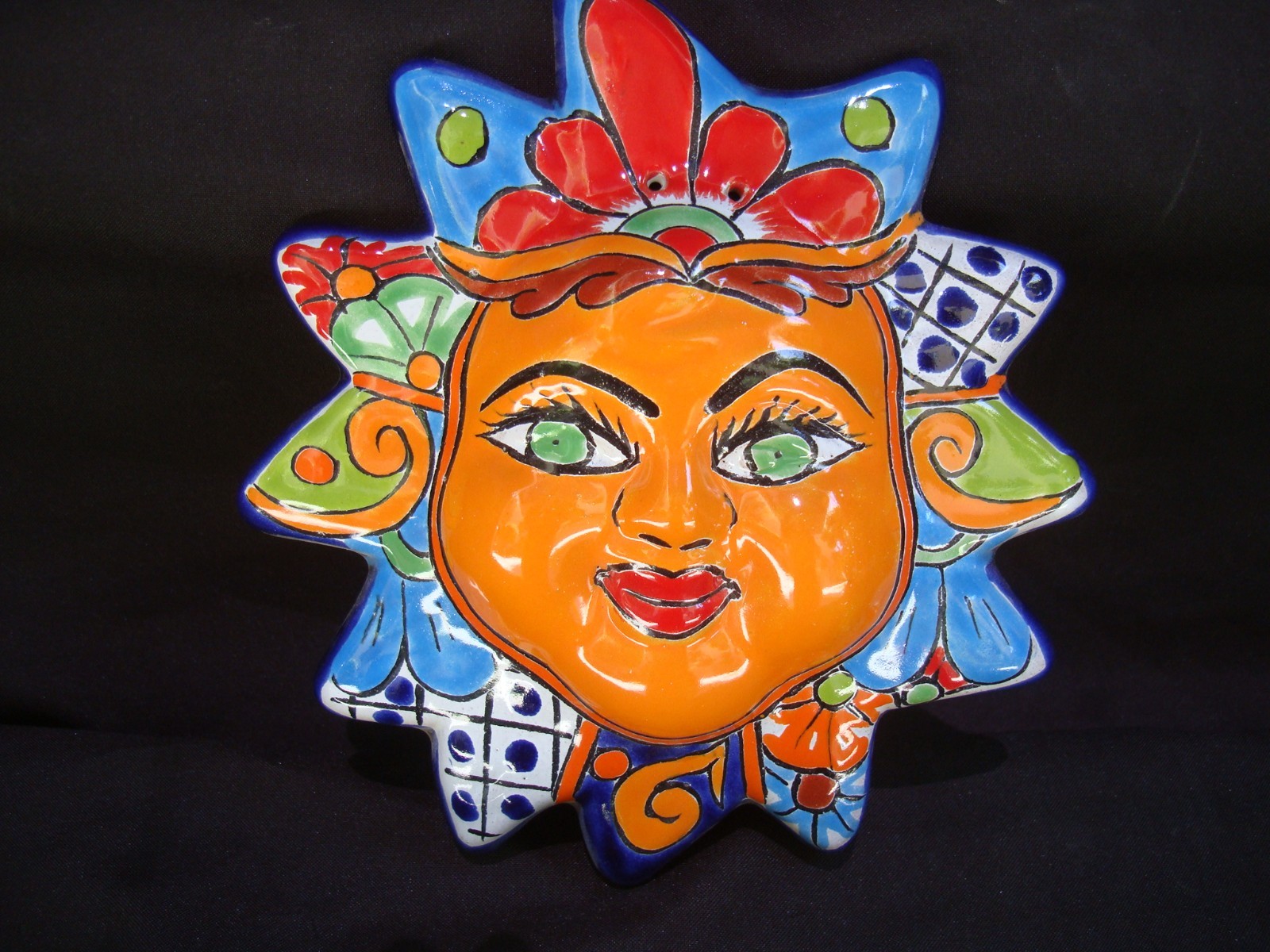 Talavera Sun Face Mexican Pottery Folk Art Hand Painted Home Decor 7-1/2
