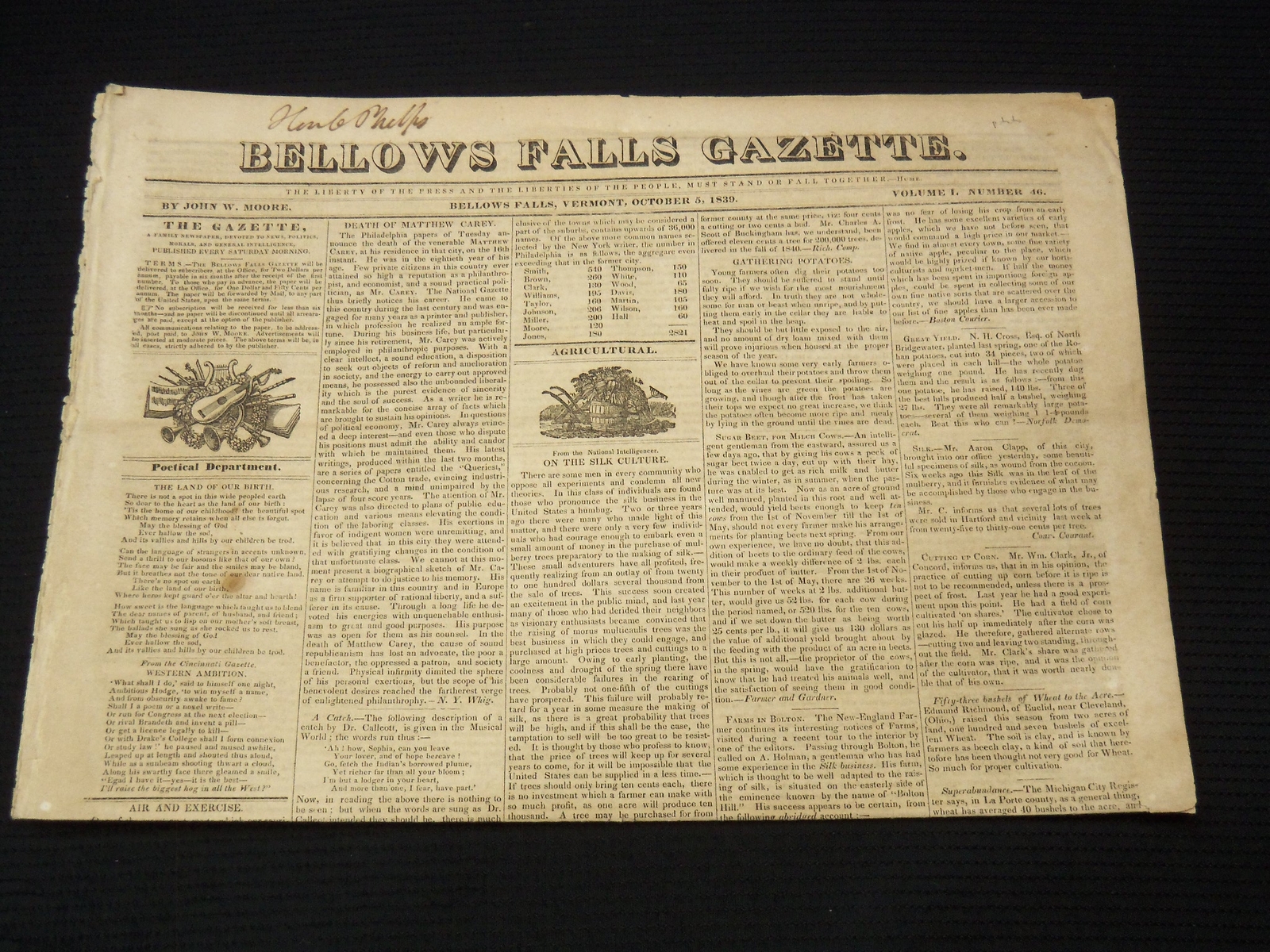 1839 OCTOBER 5 BELLOWS FALLS GAZETTE NEWSPAPER - VERMONT - NP 3297G