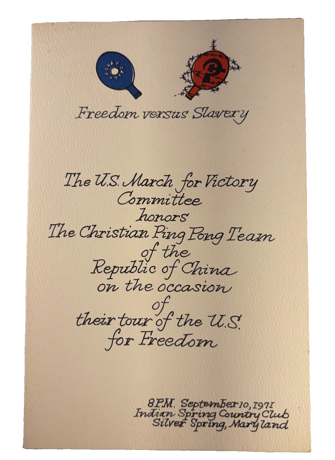 RARE 1971 Chinese Ping Pong Team Diplomacy Cold War Program Freedom vs Slavery