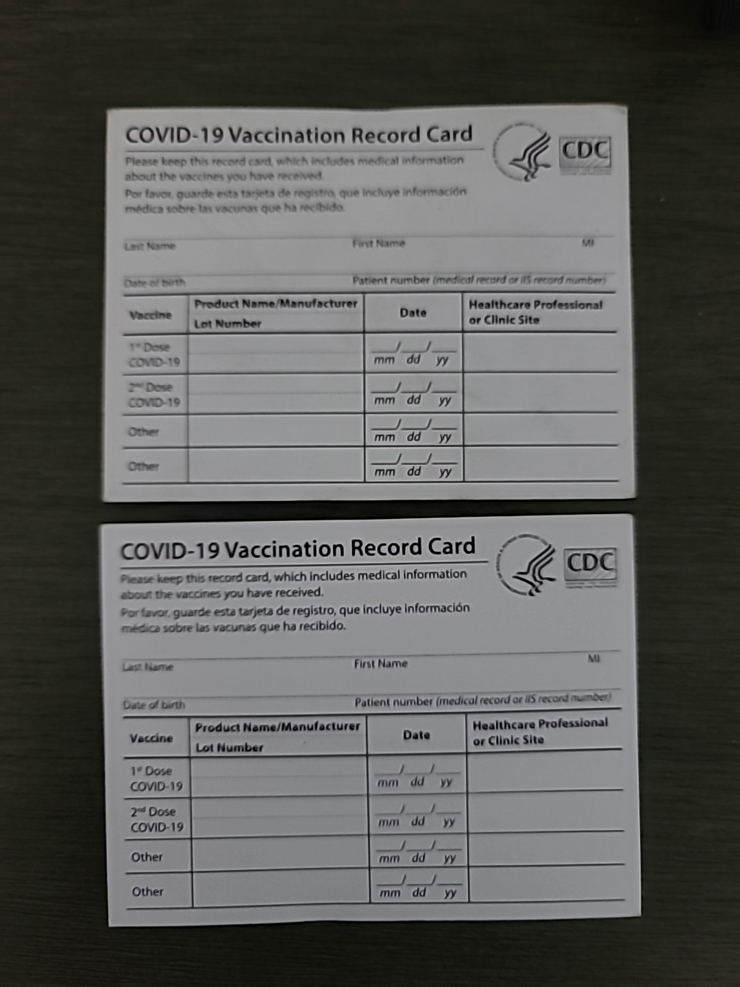 2 COVID-19 CDC Vaccination Blank Card Collector Use Only 
