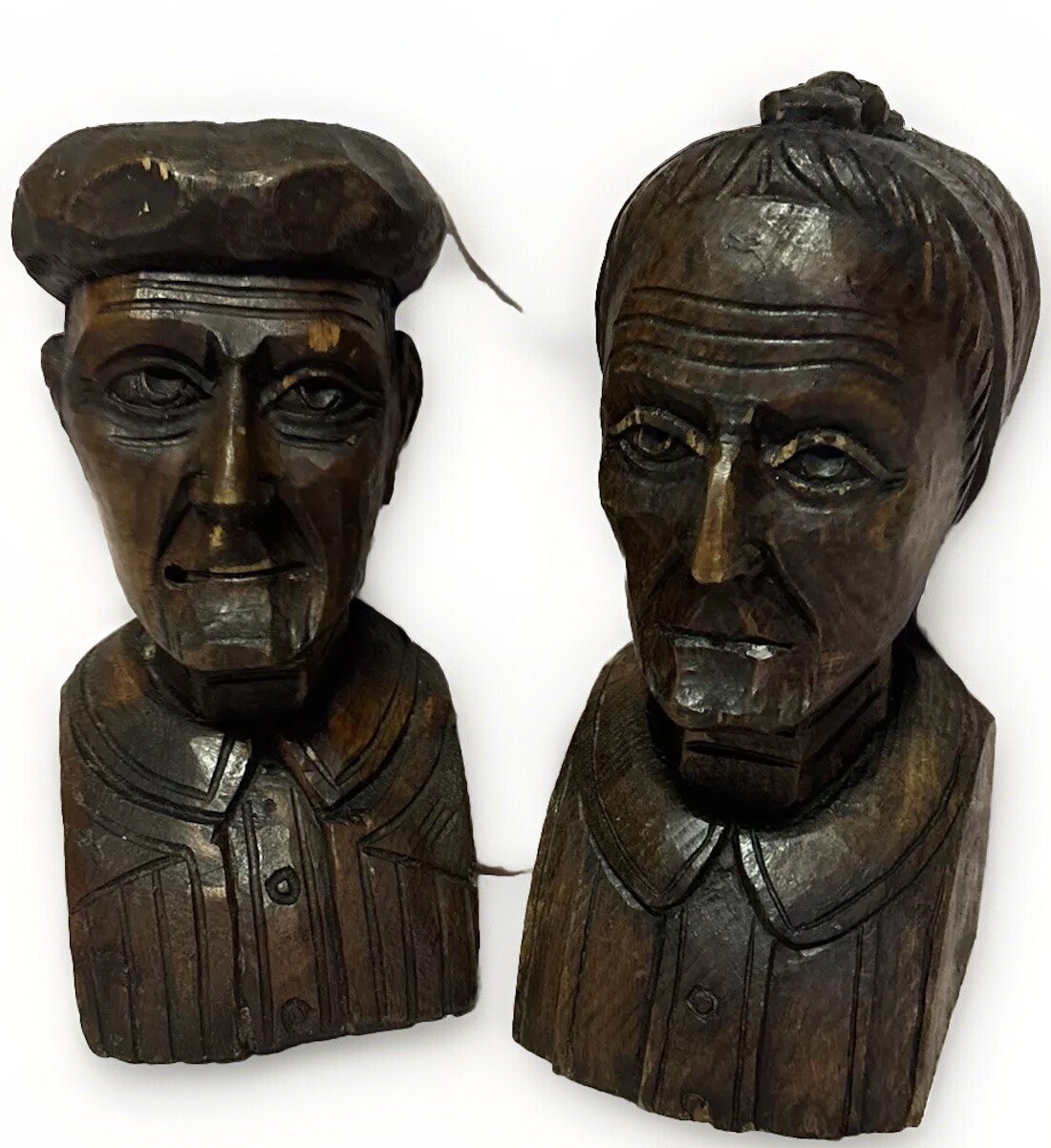 J. Alberdi Handmade Hand Carved Wood Busts Mid-Century Carving Old Man & Woman
