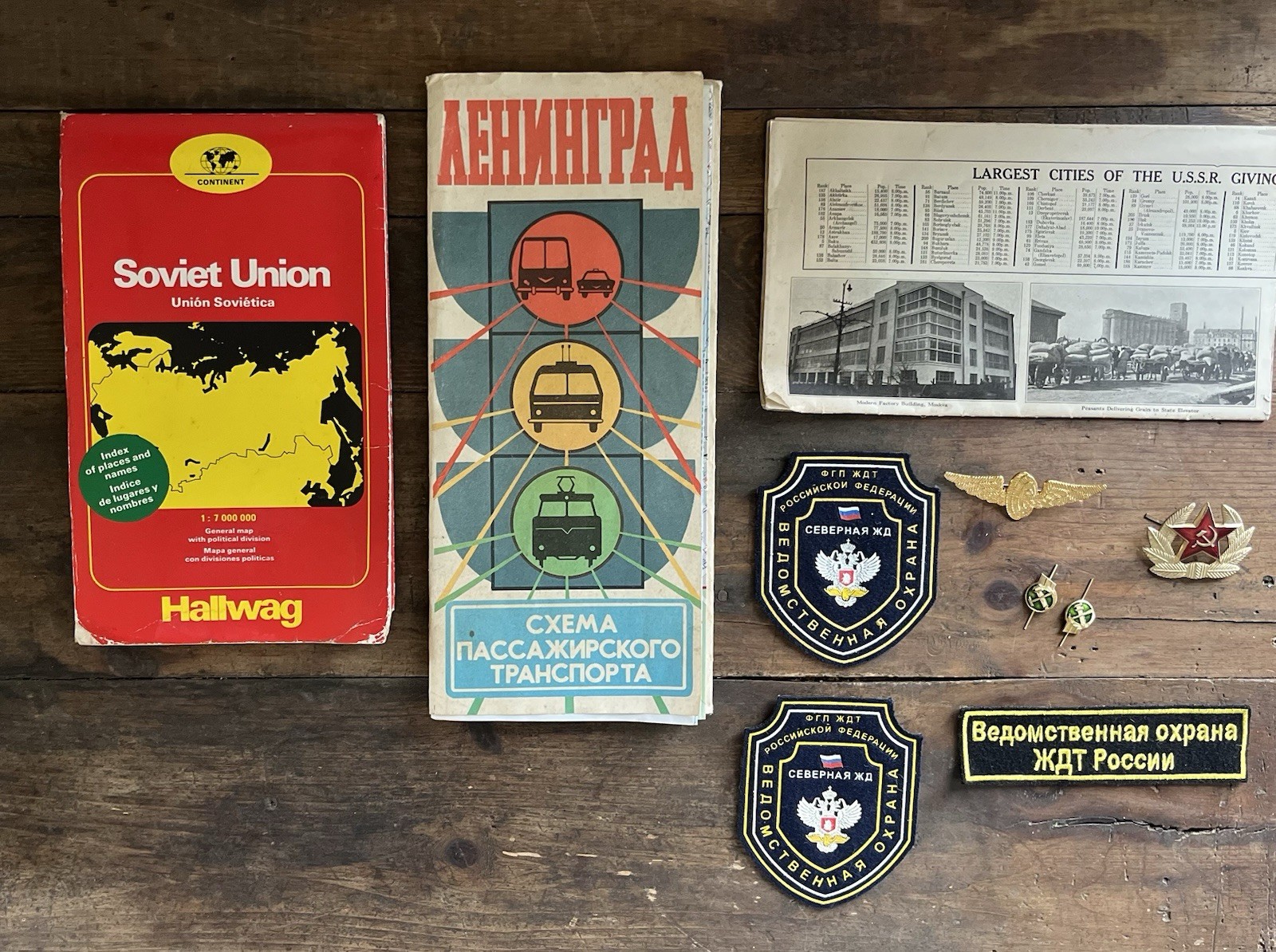 Vintage Soviet USSR Memorabilia Lot: Maps, Leningrad Transit, Railway Patches