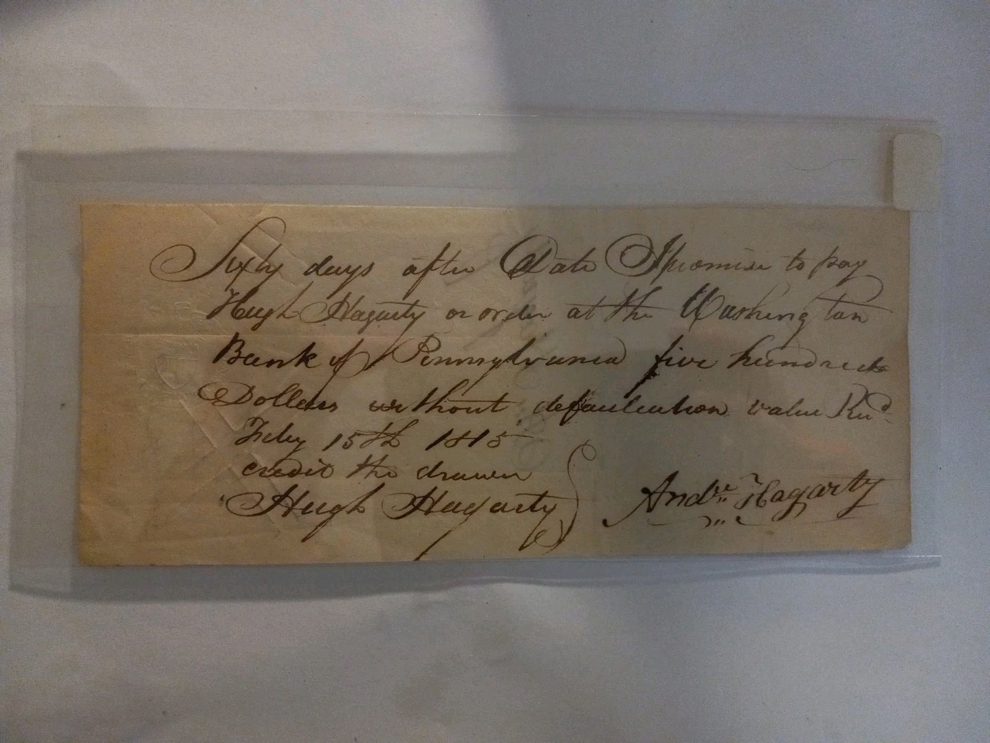 RARE Vintage 1815 $500 Promissory Note Americana Washington Bank Of PENNSYLVANIA