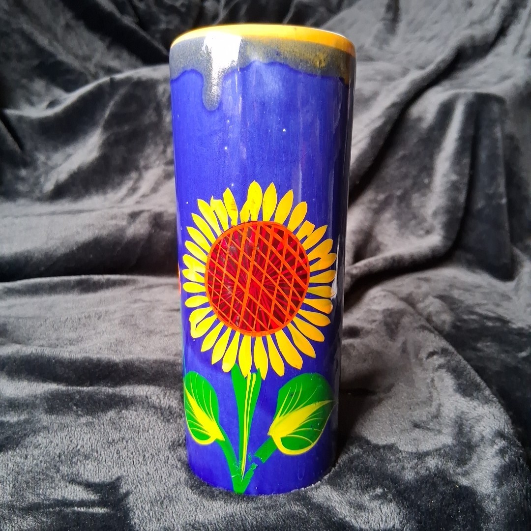 Mexican Pottery Vase Sunflower Cobalt Blue Talavera Style 7.5\