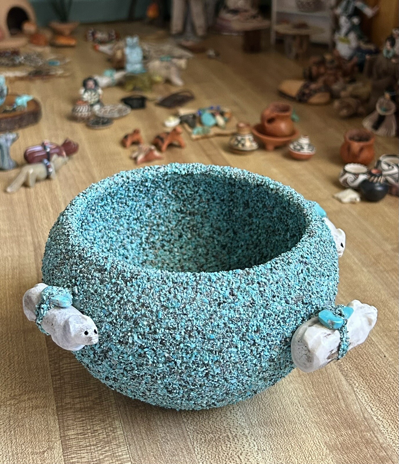 ZUNI TRIBAL Handmade TURQUOISE ENCRUSTED FETISH POTTERY BOWL, 6” Dia-GREAT FIND