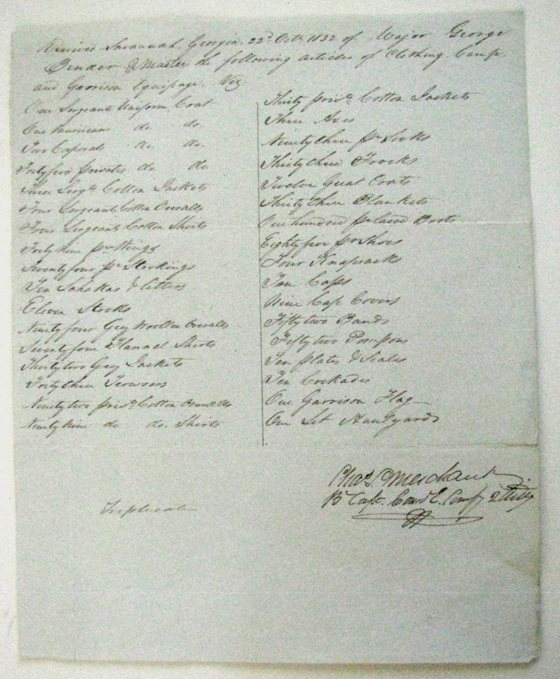 SAVANNAH GEORGIA PRE-CIVIL WAR  NULLIFICATION CRISIS ARMY SUPPLIES 1832