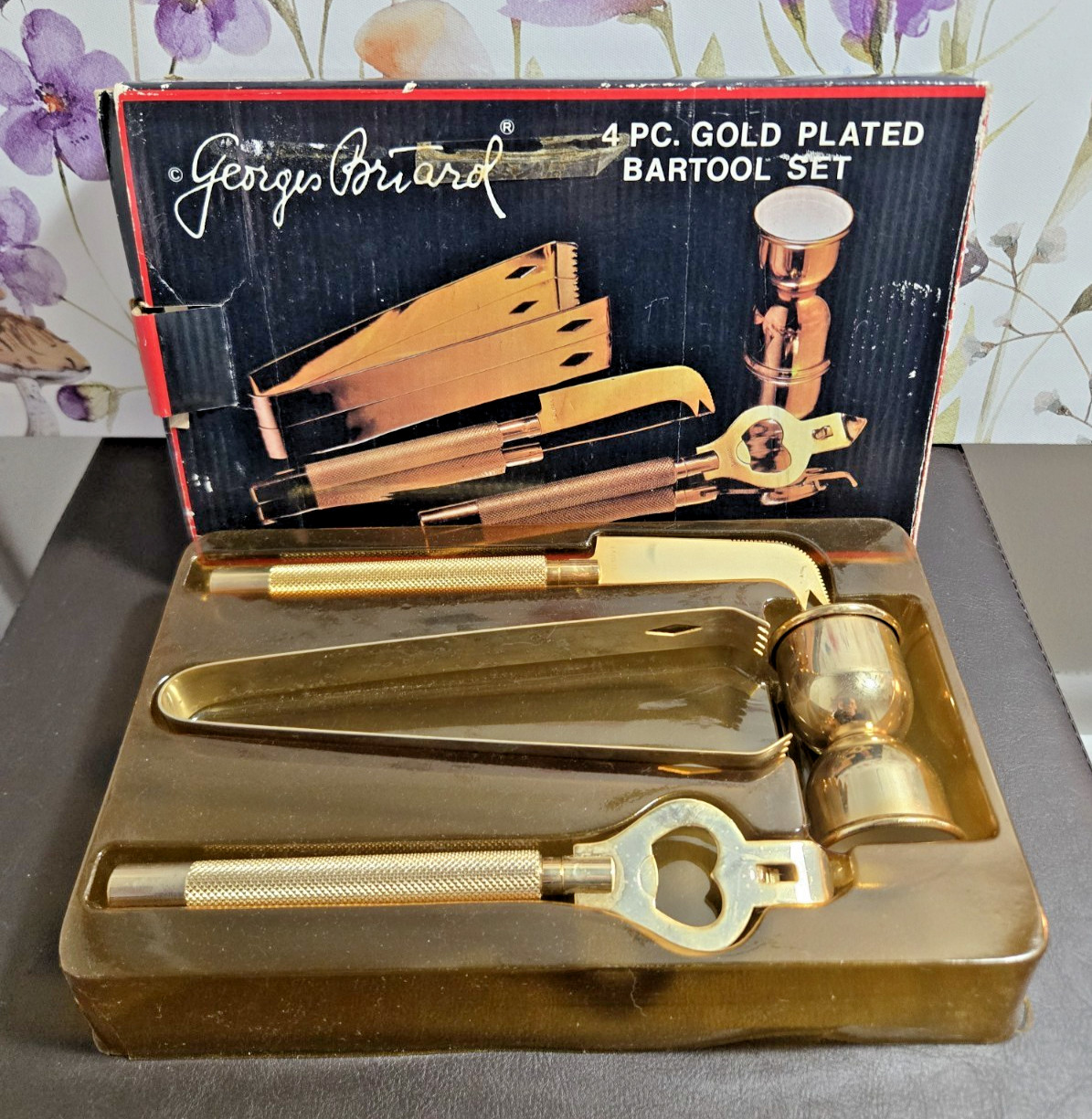 Vintage Georges Briard 4 Pc Gold Plated Bartool Set Barware NEW IN BOX