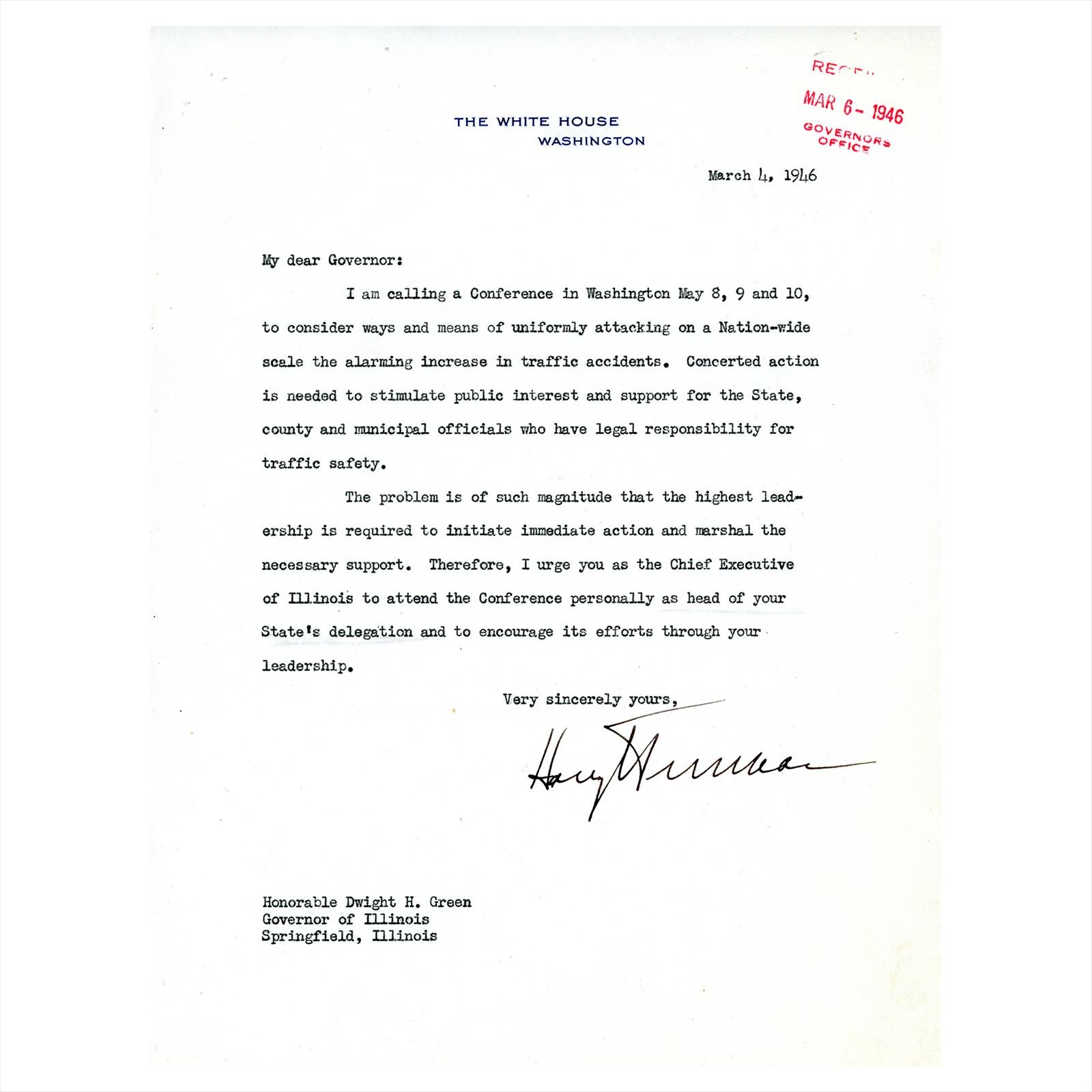 1946 Harry Truman Signed Typed Letter to Dwight H. Green, Governor of Illinois