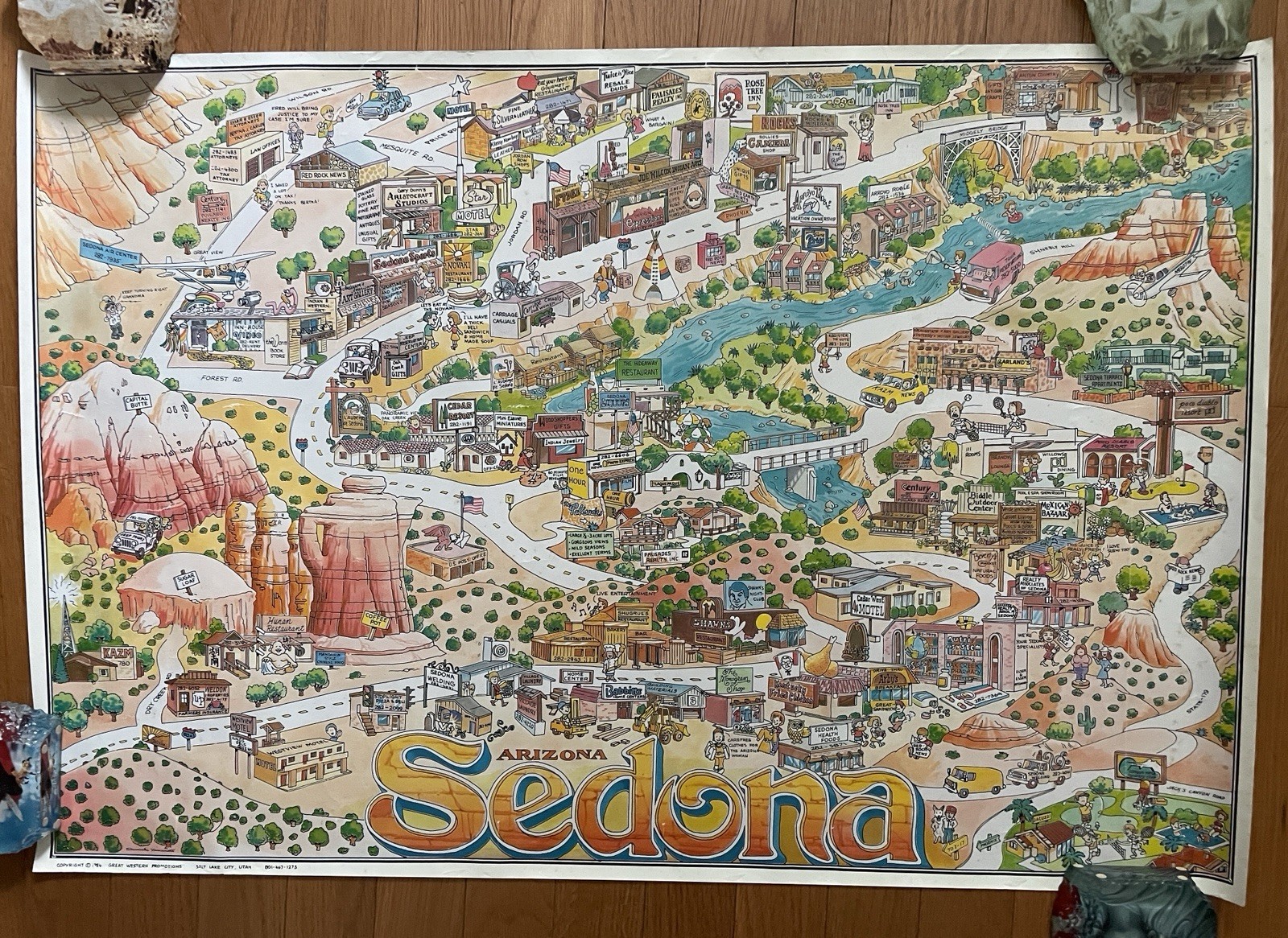1984 Rare Original Sedona AZ Cartoon Pictorial Travel Map Poster by Yamamoto