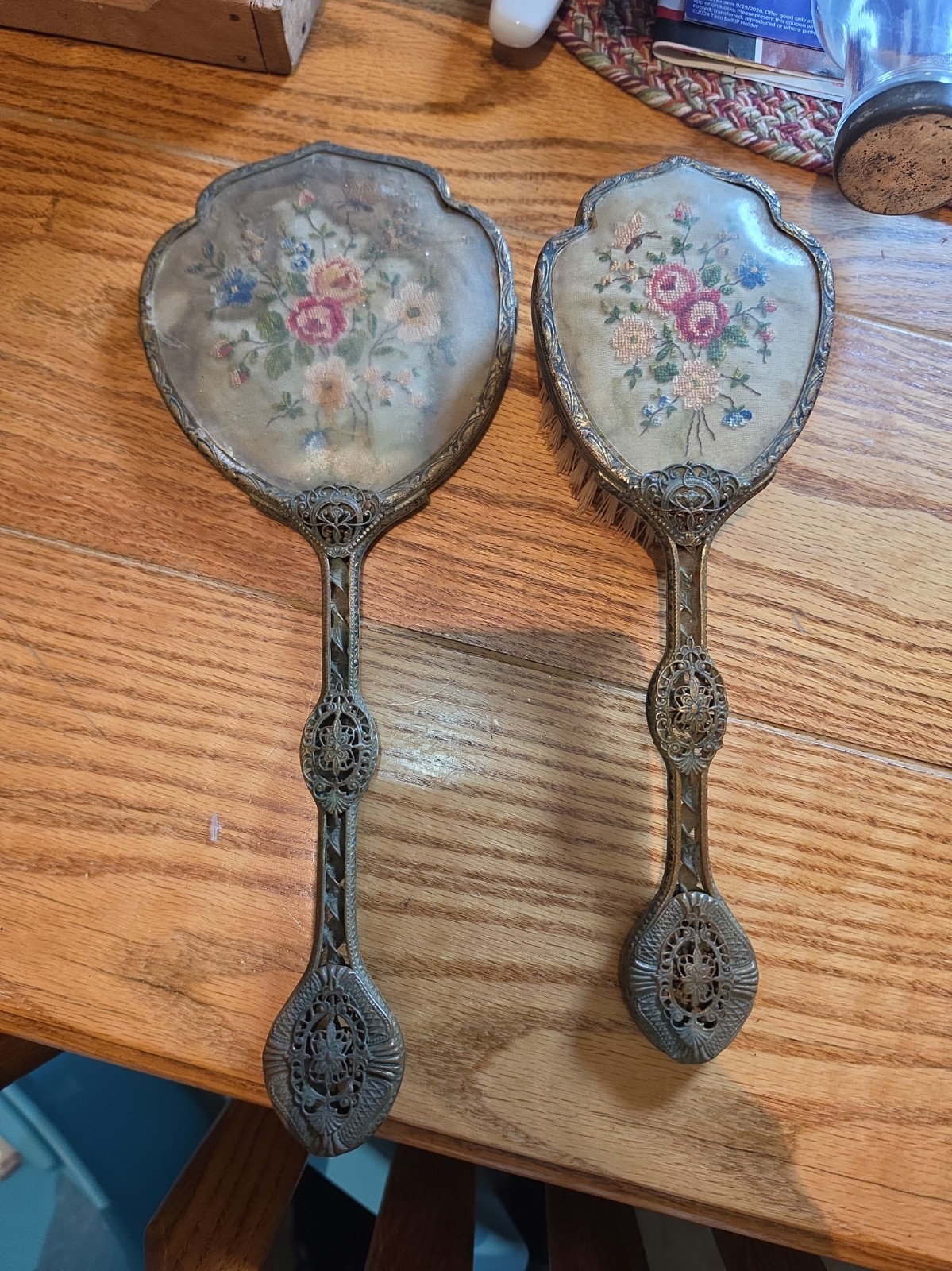 VICTORIAN ANTIQUE FRENCH ? ORNATE GOLD GILT BRUSH/ MIRROR WITH NEEDLEPOINT RARE