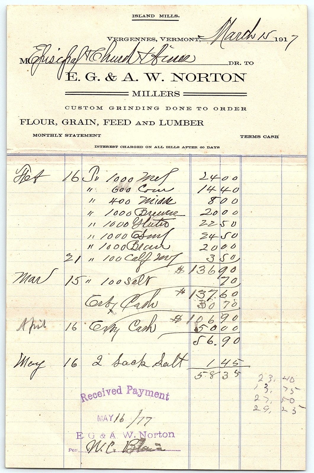 1917 Vergennes, VT E. G. & A. W. Norton Millers Billhead