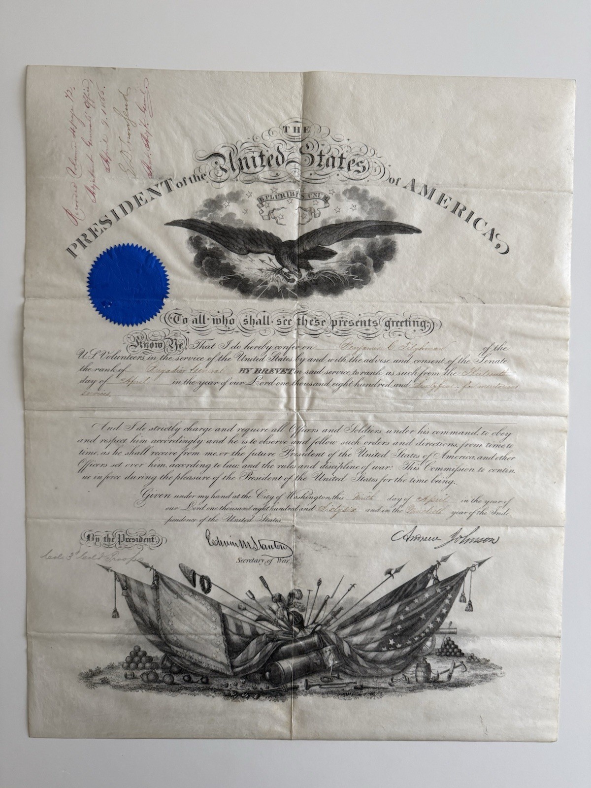 1866 Andrew Johnson And Stanton Signed Civil War Brevet-Benjamin Tilghman USCT
