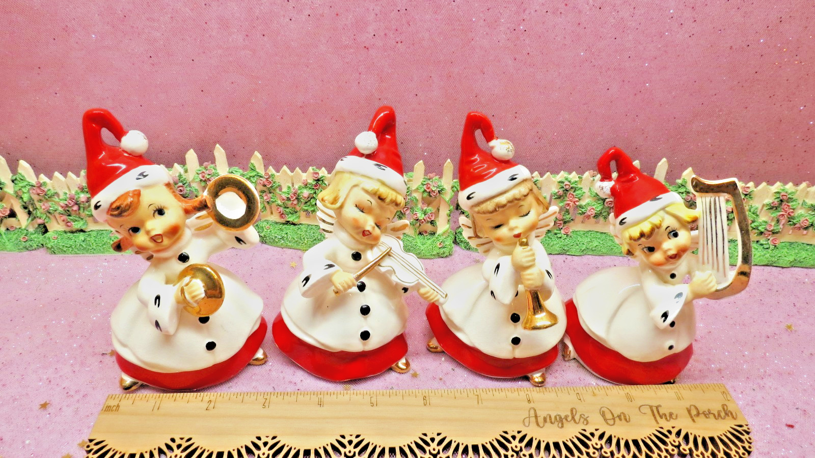 Vtg Ucagco Christmas SANTA Angel BELLS Caroling Musical Quartet SET OF FOUR