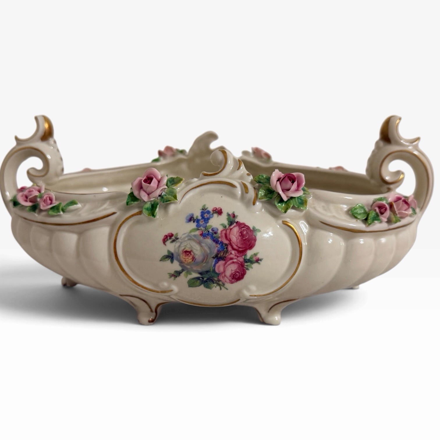 Antique Royal Dresden By Porcelain Bowl Applied Pink Roses Gold Trim Footed