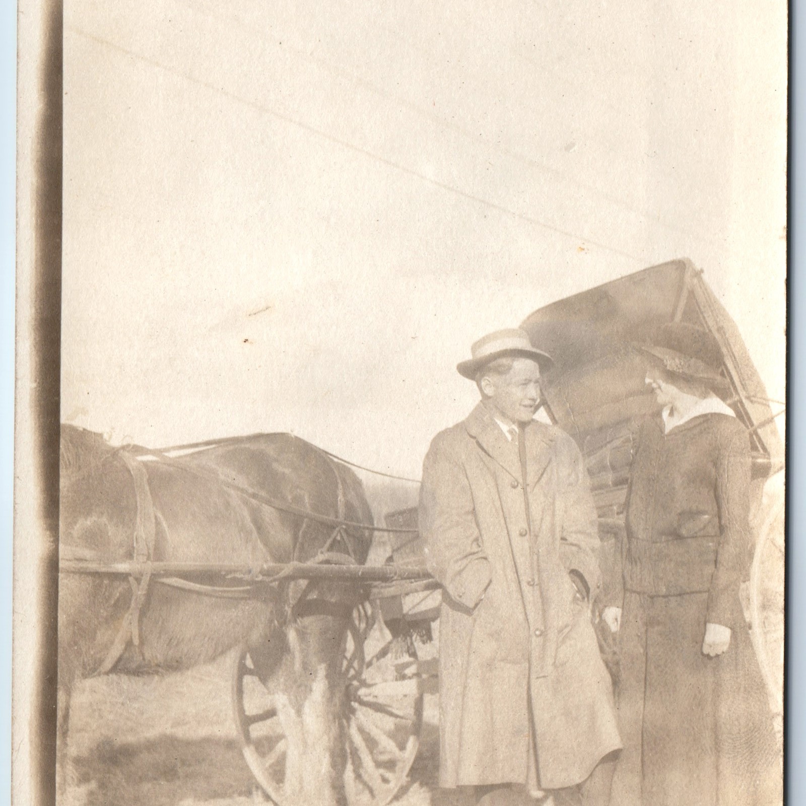 c1910s Outdoor Man & Woman RPPC Horse Carriage Farm Buggy Trenchcoat Photo PC