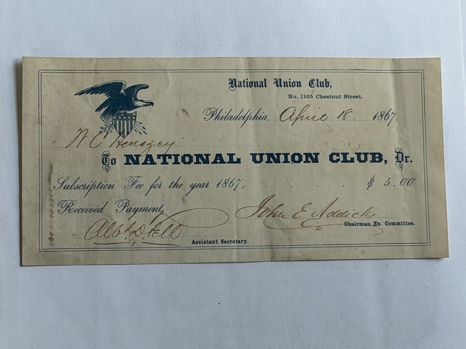 1867 Reconstruction National Union Club Receipt Philadelphia Civil War Ephemera