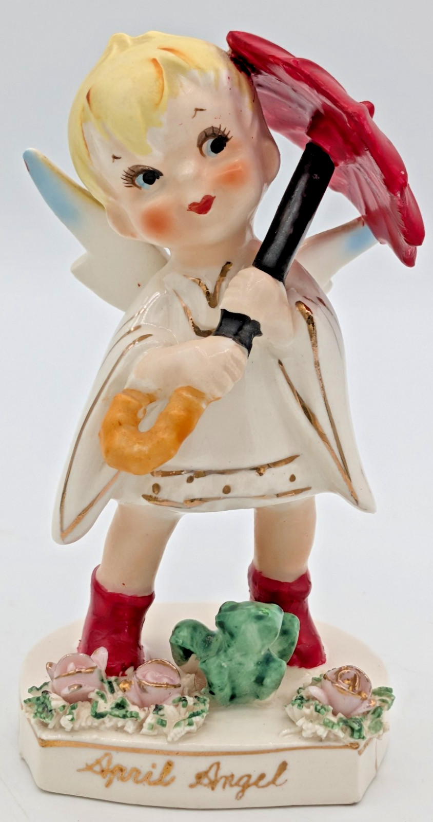 Vtg 1950s Lefton April Boy Angel Figurine 556 Umbrella Frog Red Foil Label MINT