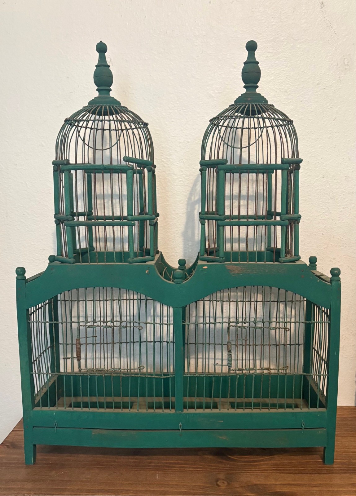 Antique Vtg Victorian Style Cathedral Double Dome Wood & Wire Bird Cage, 26\