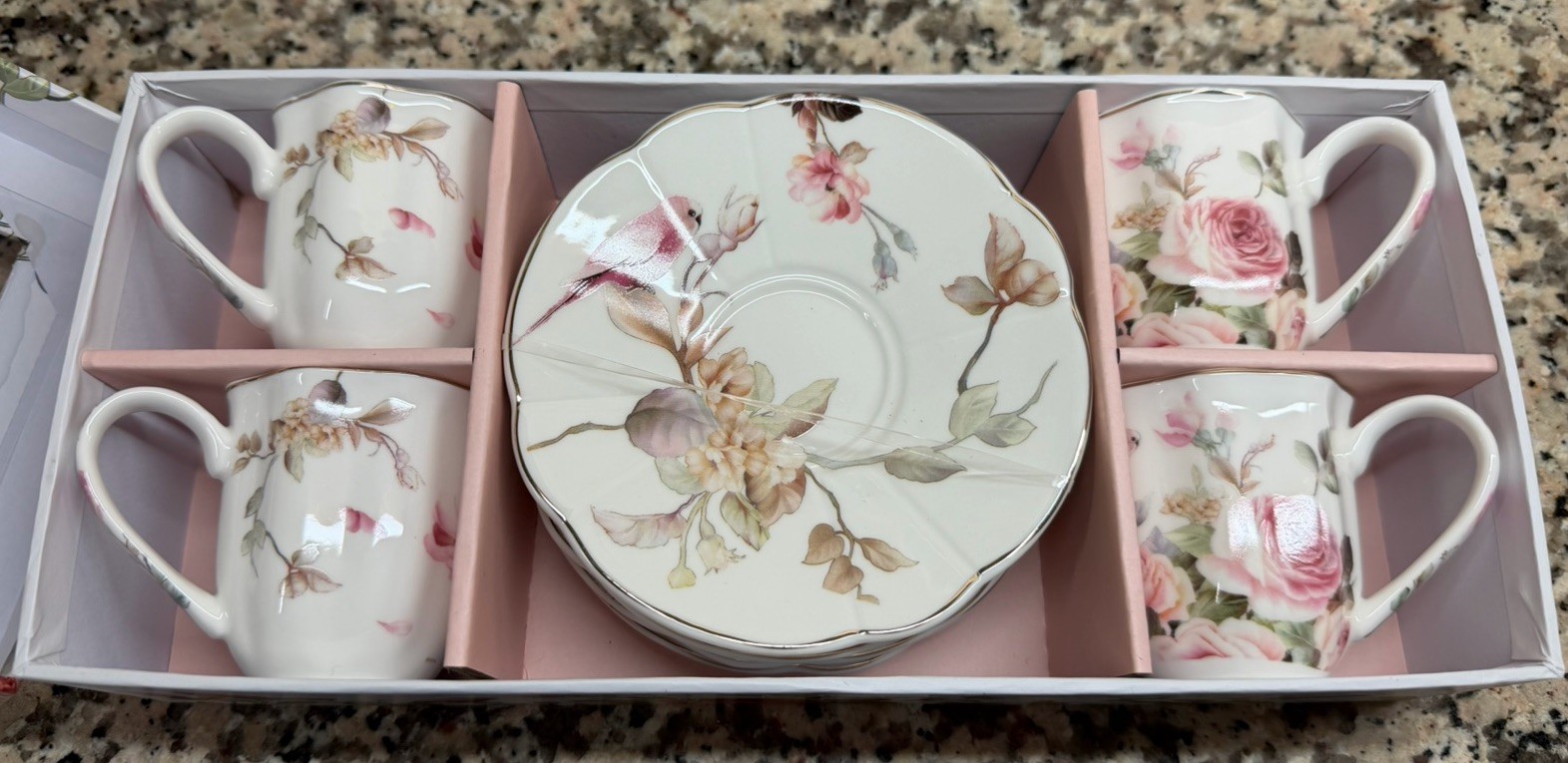 Grace Teaware Cottage Rose Birds Magnolia Garden espresso   8 Pc Fine Porcelain