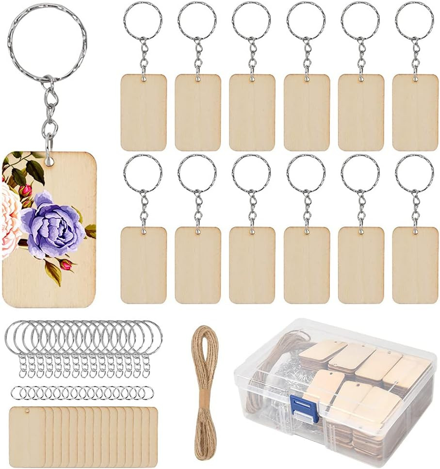 O 80Pcs Unfinished Wooden Keychain Set with 80 Key Rings and Hemp Rope for DIY C