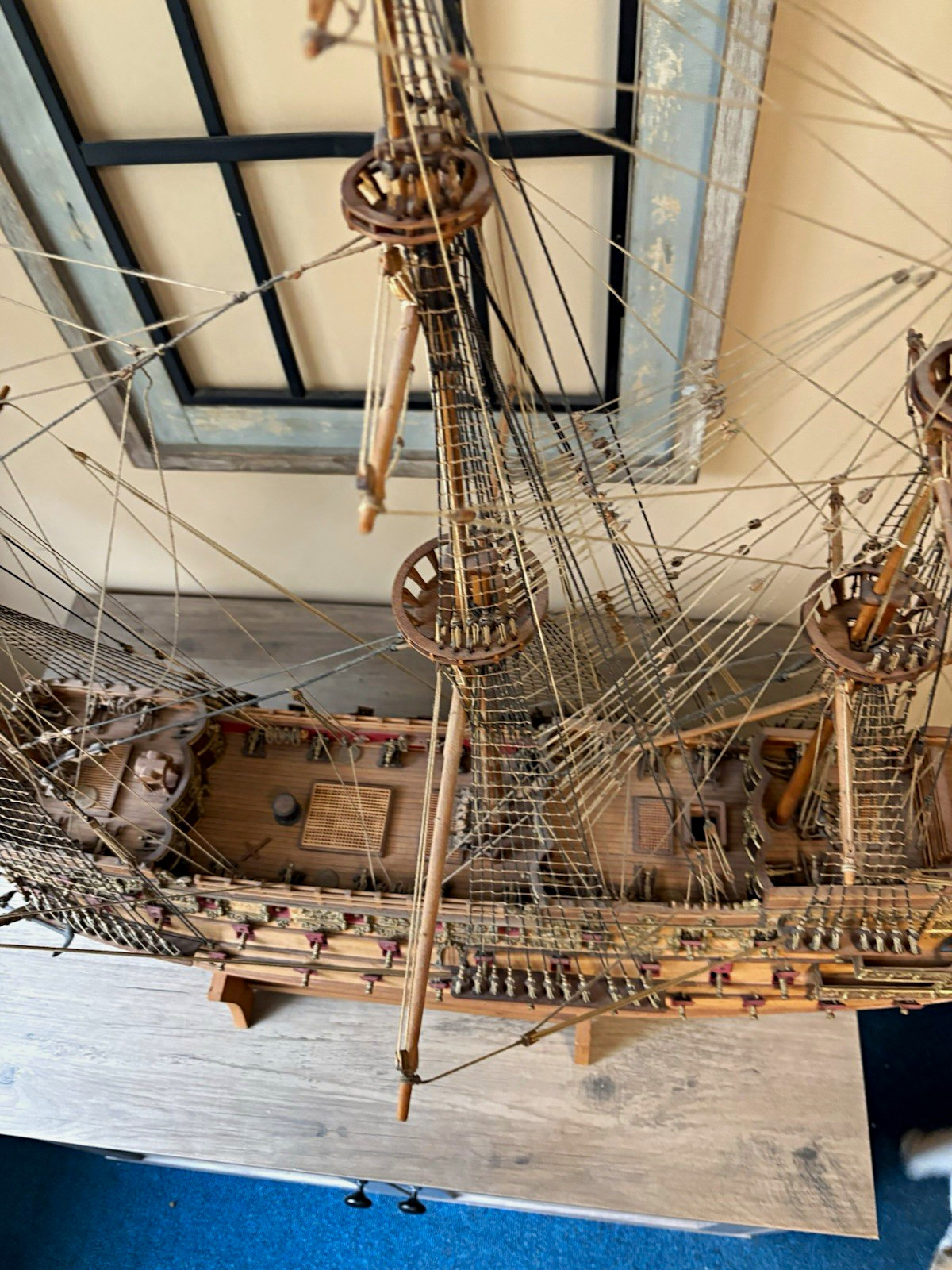 Vintage Large Hand Built Wooden  Ship Highly Detailed SIZE: 42Lx35Hx8W