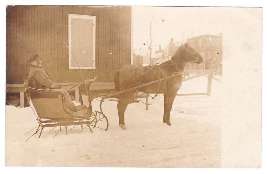 Antique RPPC Horse and Sleigh - AZO Stamp Box - Early 1900s Real Photo Postcard