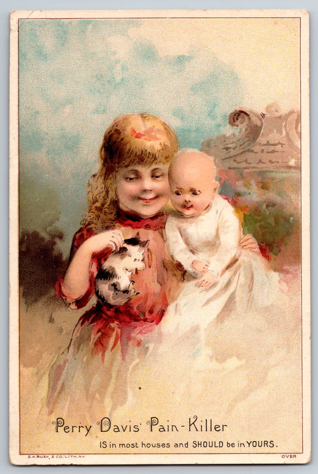 1880s Victorian Trade Card, Perry Davis Pain Killer, Kitten, 5.5 x 3.5 in