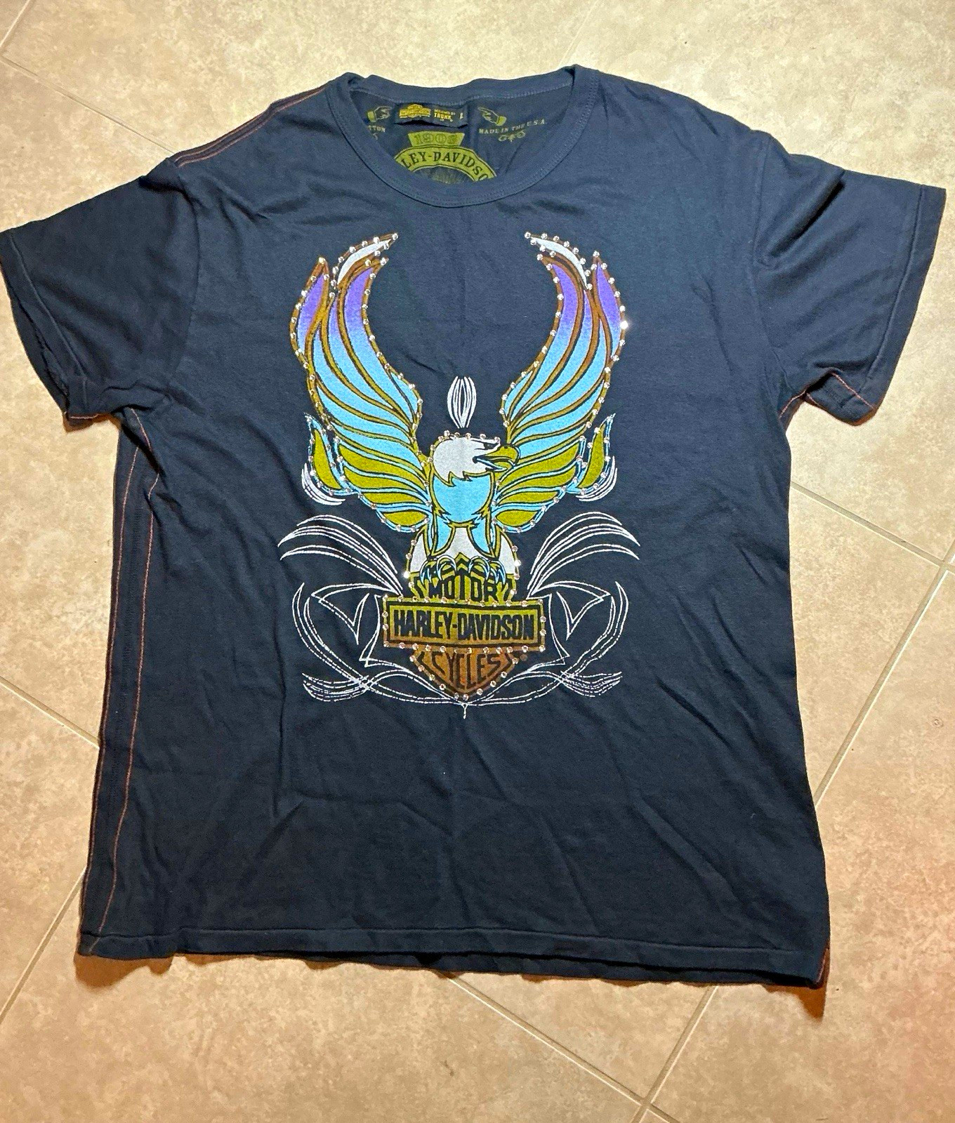 Harley-Davidson Men’s XL Black Eagle Rhinestone Graphic T-Shirt- Ultra Rare