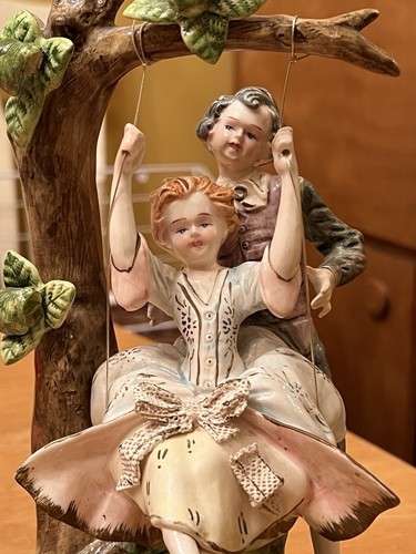 Antique Italian Capodimonte Porcelain Boy Girl On Swing Large Figure Trademark