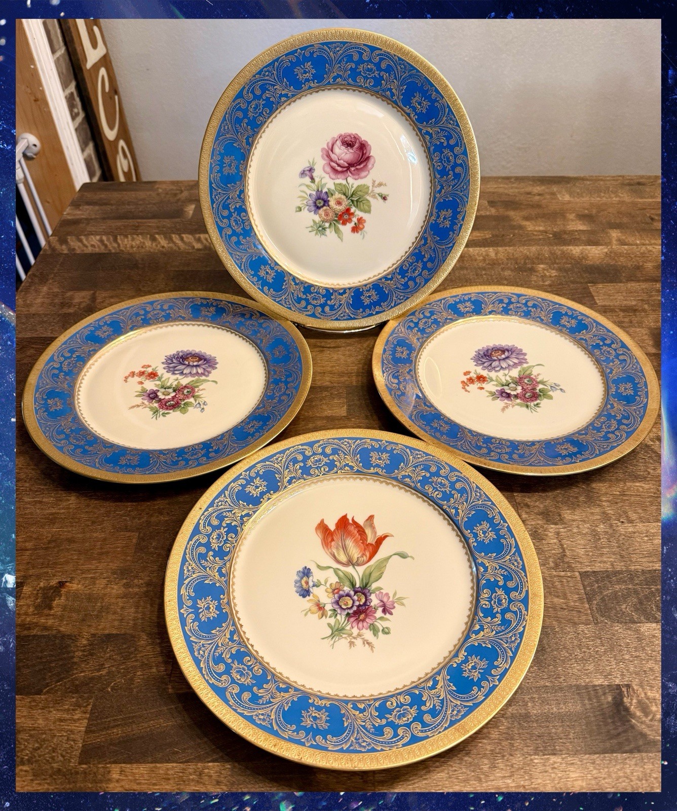 Antique (4) Bavaria Tirschenreuth 11” Blue Gold Floral Dinner Plates König & Co