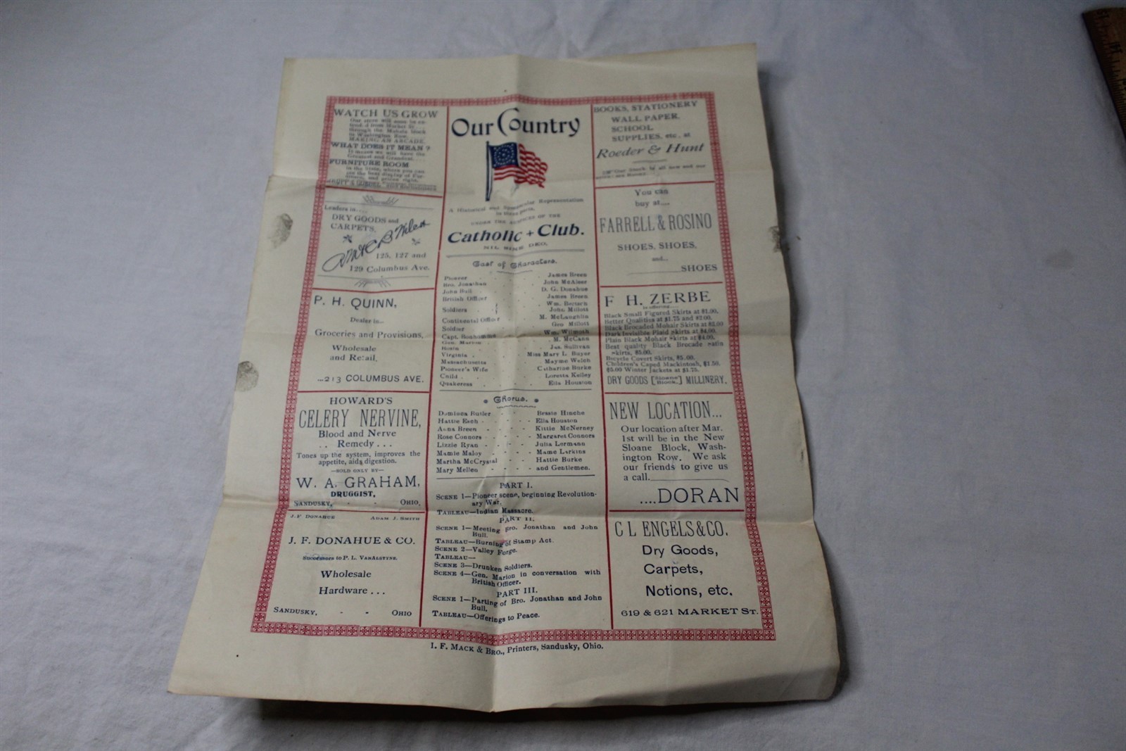 Antique 1900's Advertising Hand Bill Our Country Catholic + Club Sandusky, OH