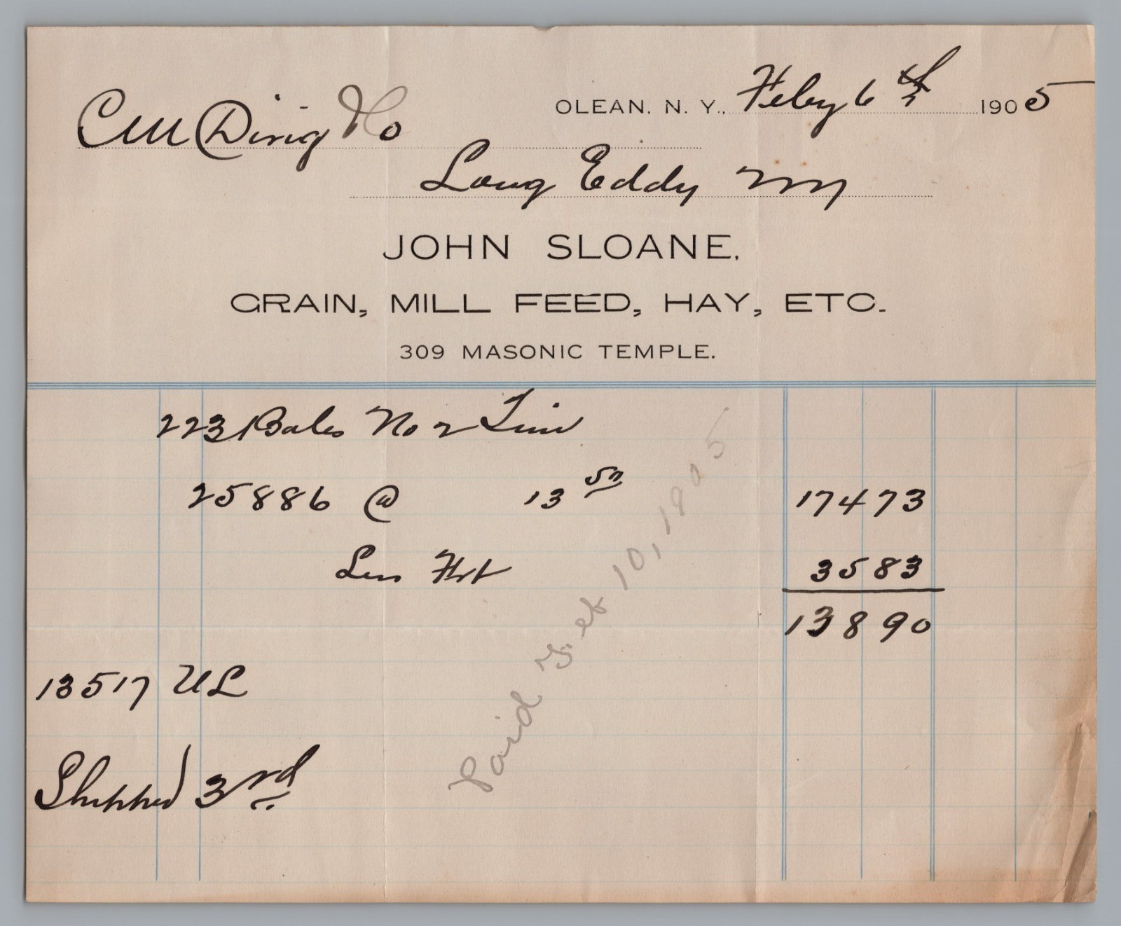 1905 Billhead John Sloane Grain, Mill, Feed - Olean, NY Ephemera