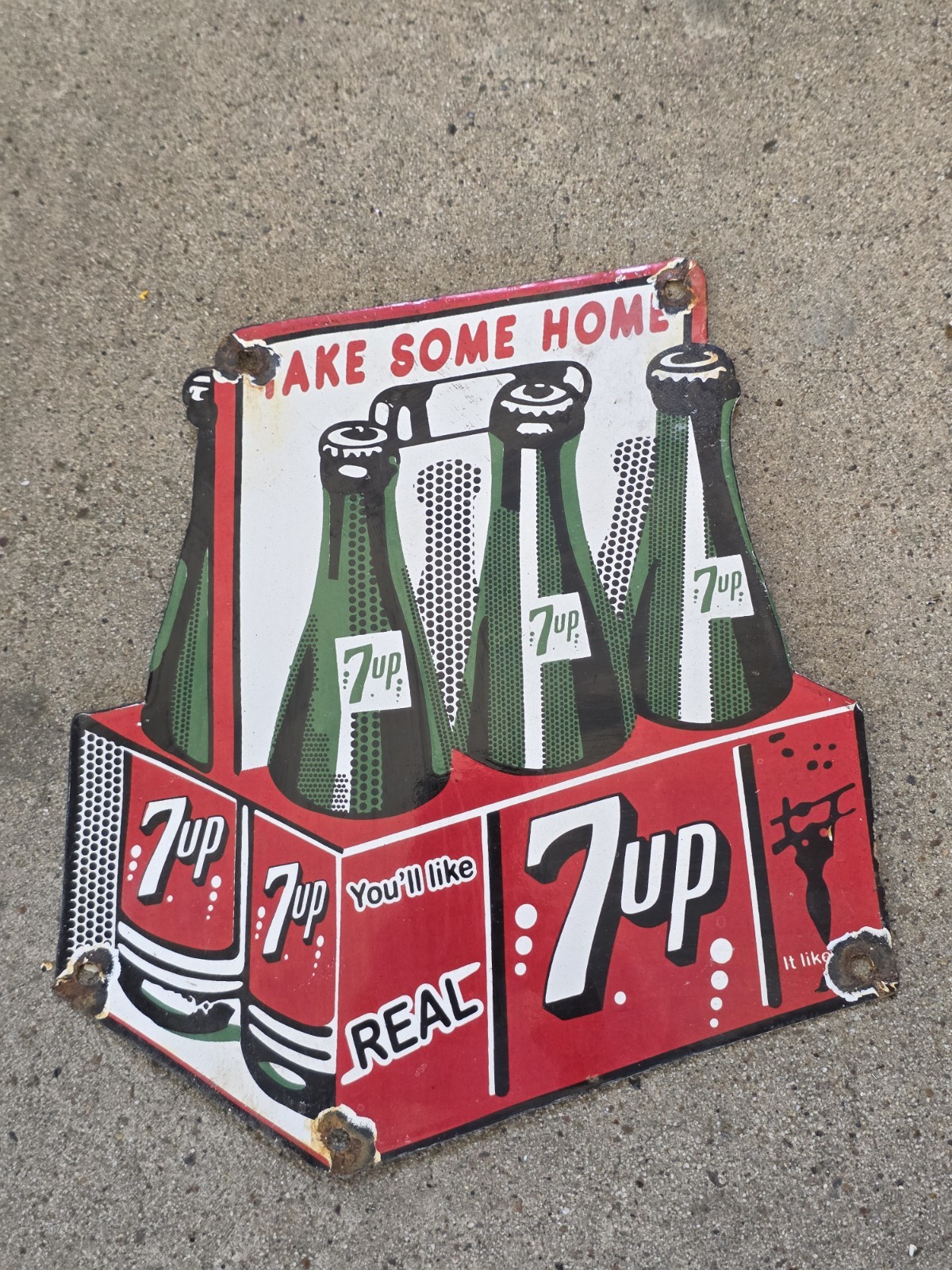 VINTAGE 1950\'S 7 UP POP SODA SIX PACK CRATE PORCELAIN SIGN  9\