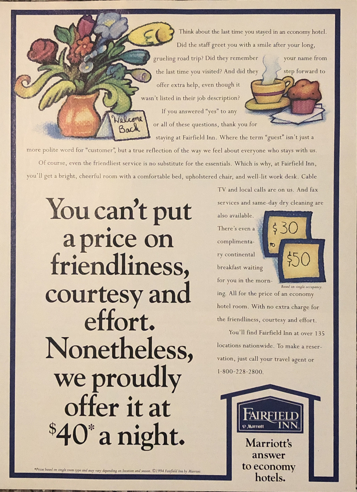 1994 Marriott Fairfield Inn PRINT AD Marriotts Answer To Economy Hotel VTG 1990s