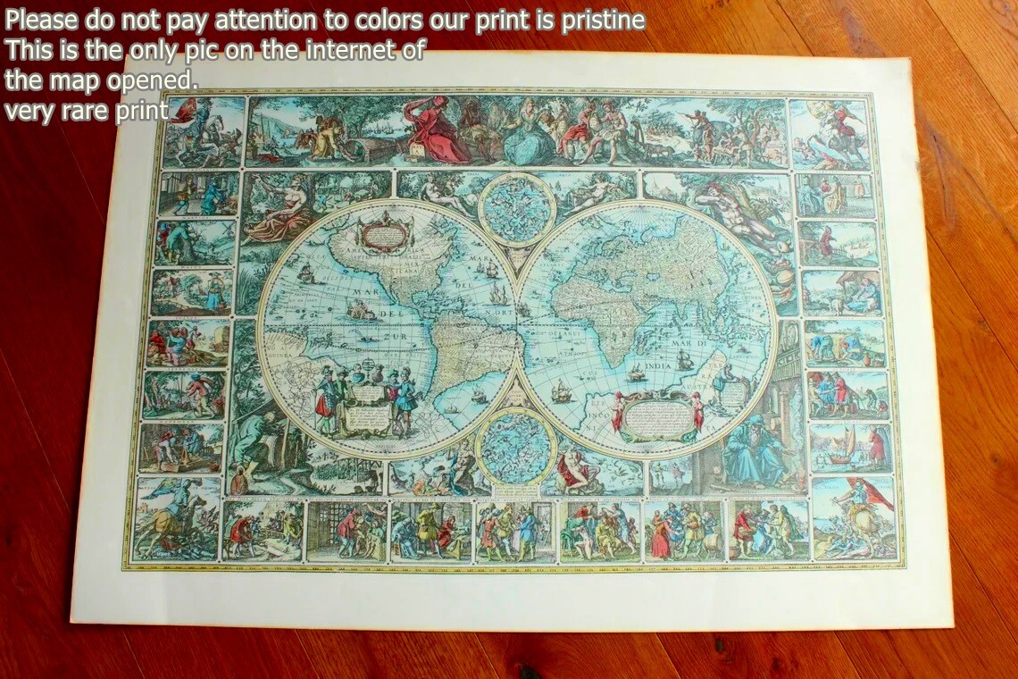 Antique Baroque World Map Hemispheres Cartes-a Figures Visscher Scandecor Sweden