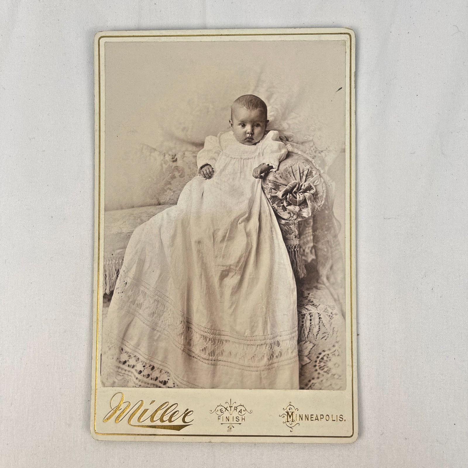 Antique Cabinet Card Baby in White on Couch Photograph Miller Portraits Studio