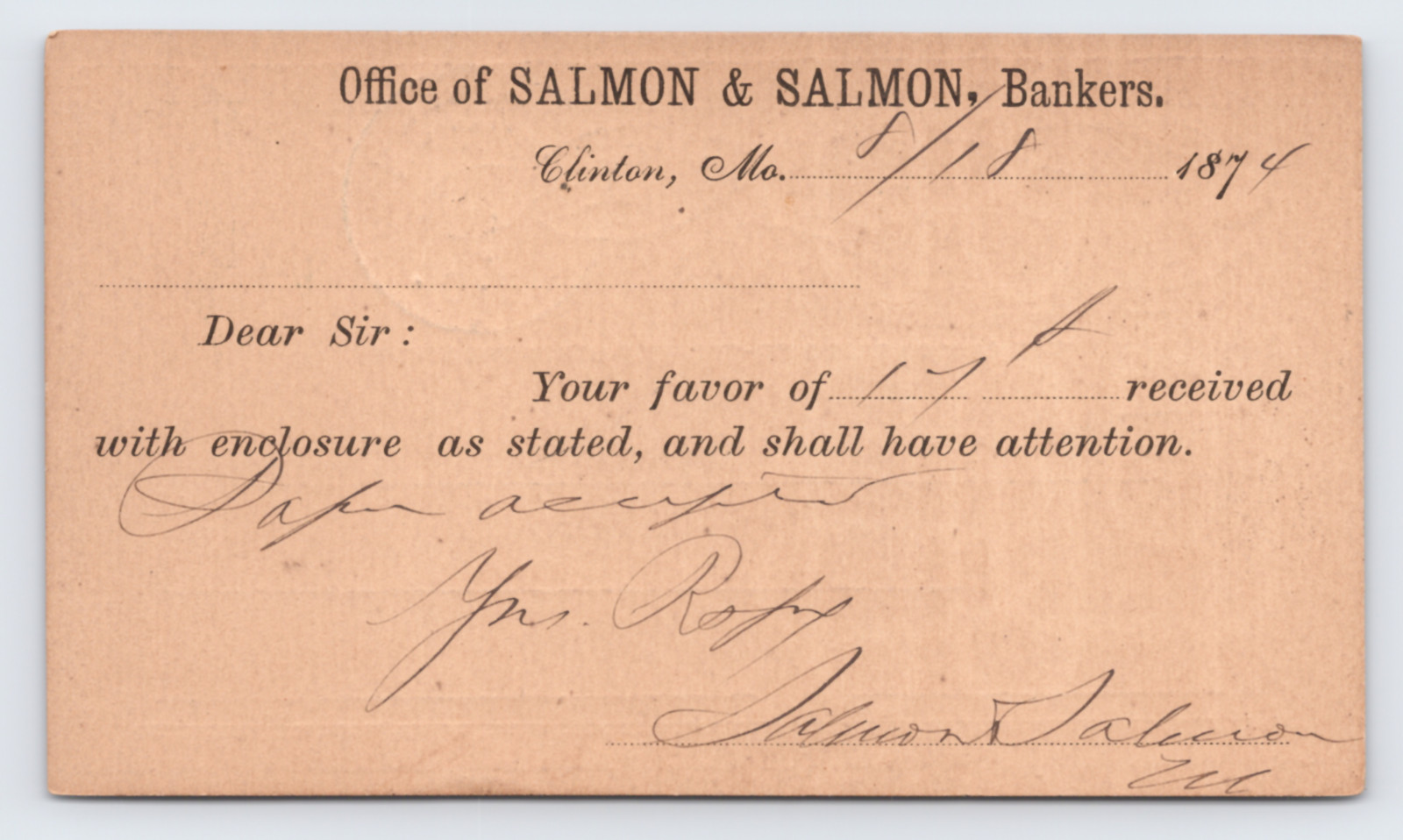 1874 Salmon & Salmon Bankers Postal Card Clinton MO to J.F. Ricker Quincy IL