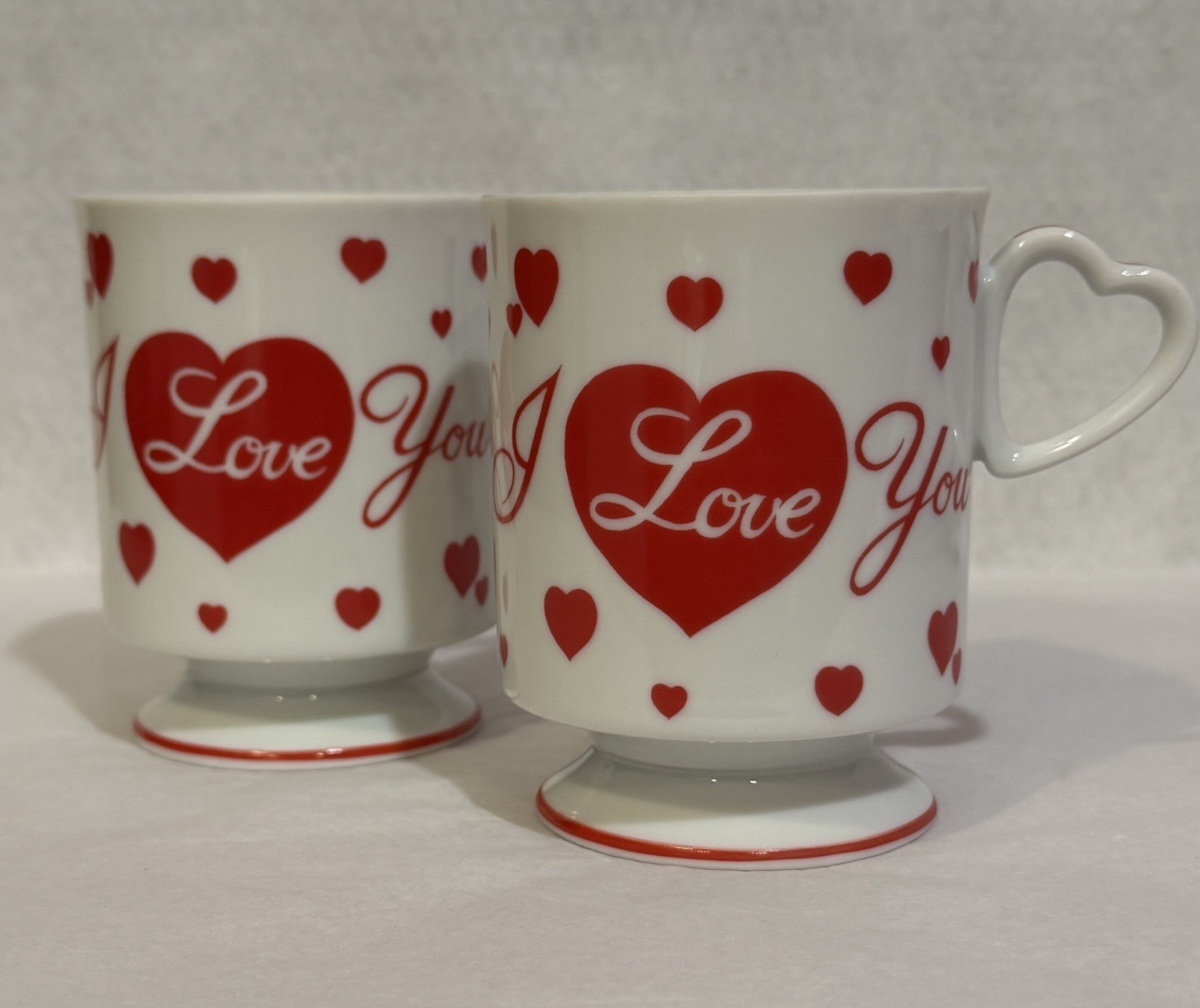 2 VTG “I Love You” Red Hearts White Porcelain Footed Tea Cups/ Mugs Heart Handle