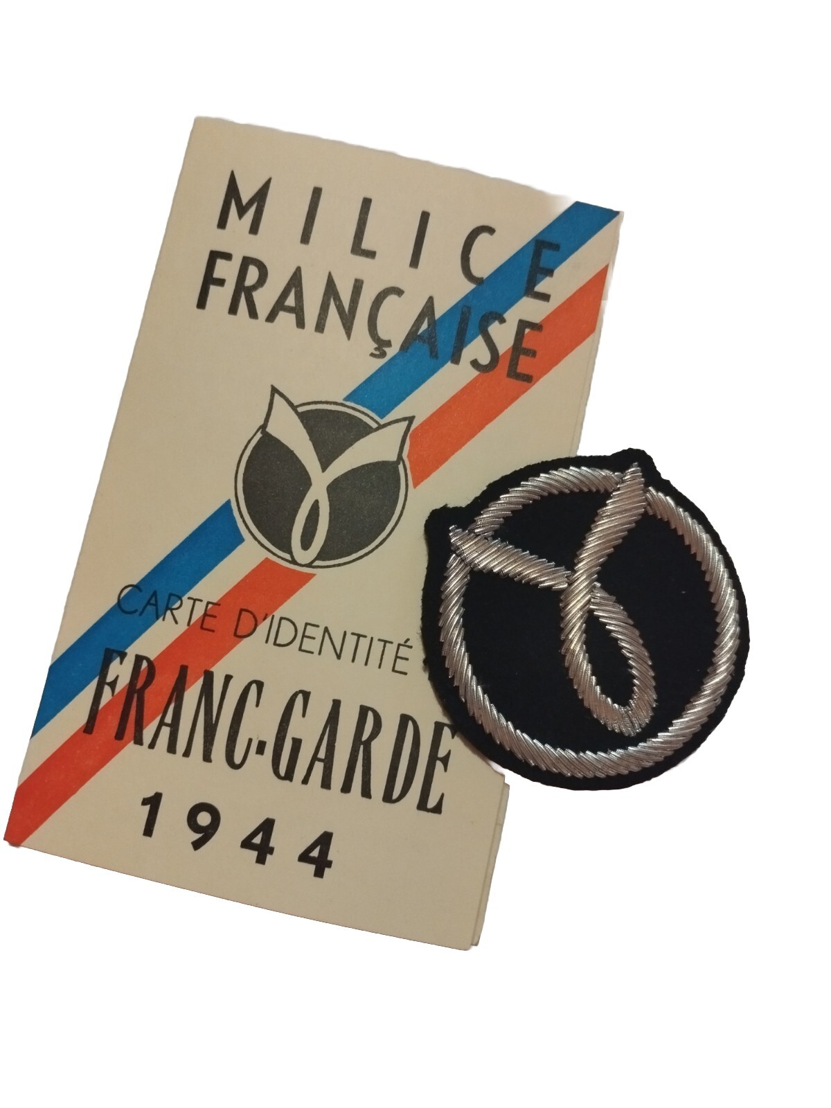 Militia Cinnamon Embroidered Badge + Card of France Guard REPRODUCTION