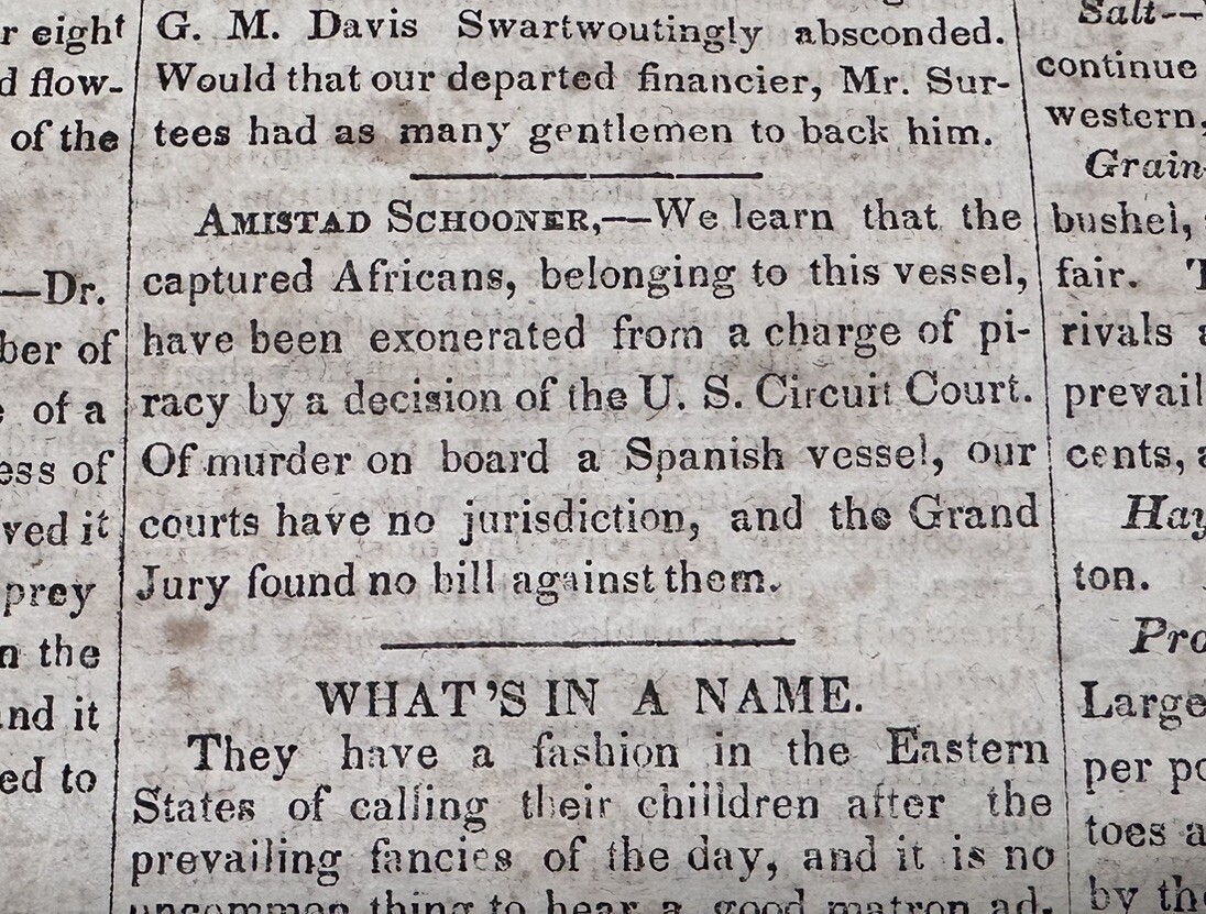 1839 Amistad Slave Piracy Exoneration Harvard College Gas Experiment Newspaper