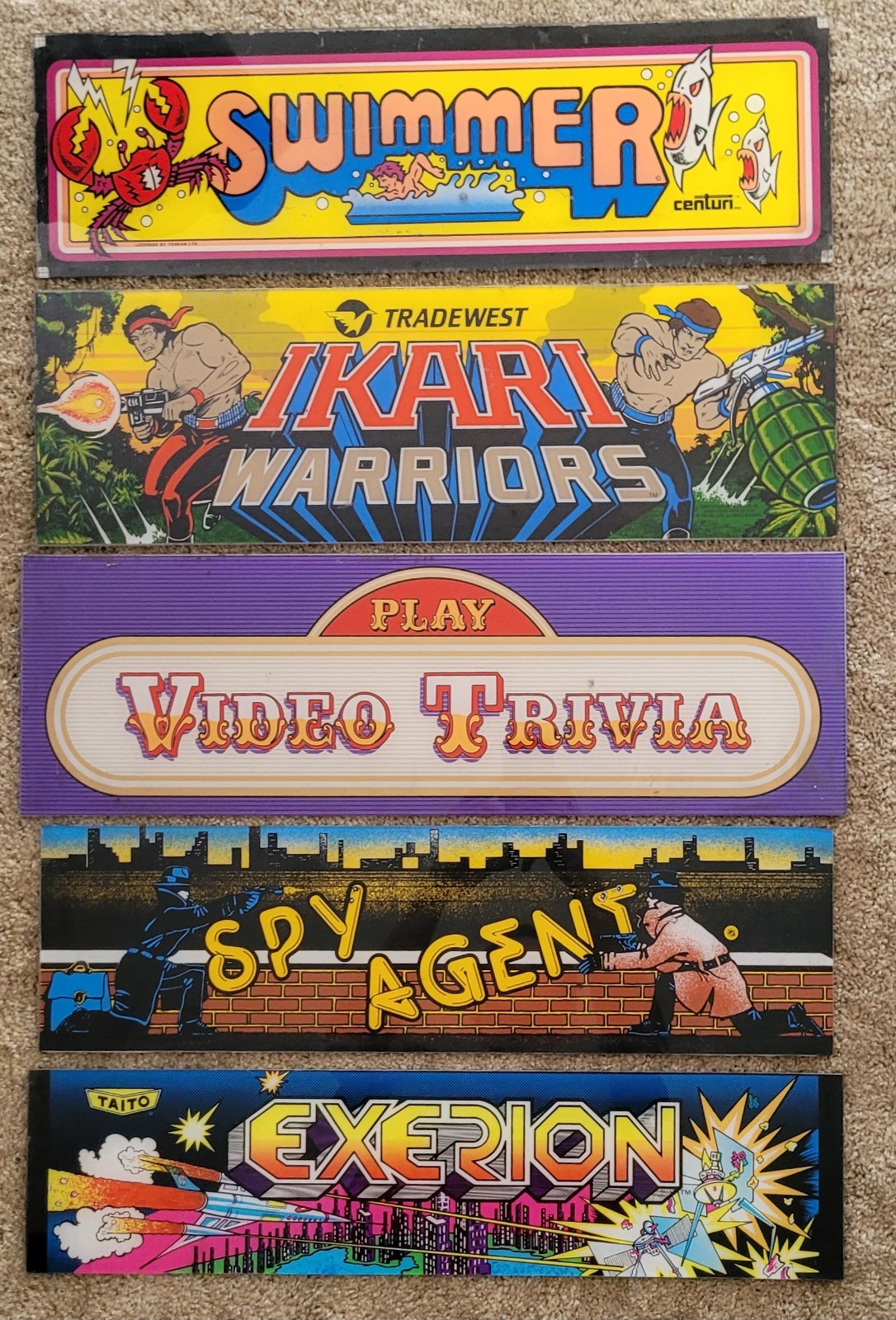 Vintage Arcade Marquee Lot of 5 - Originals - Swimmer, Ikari Warriors, Exerion