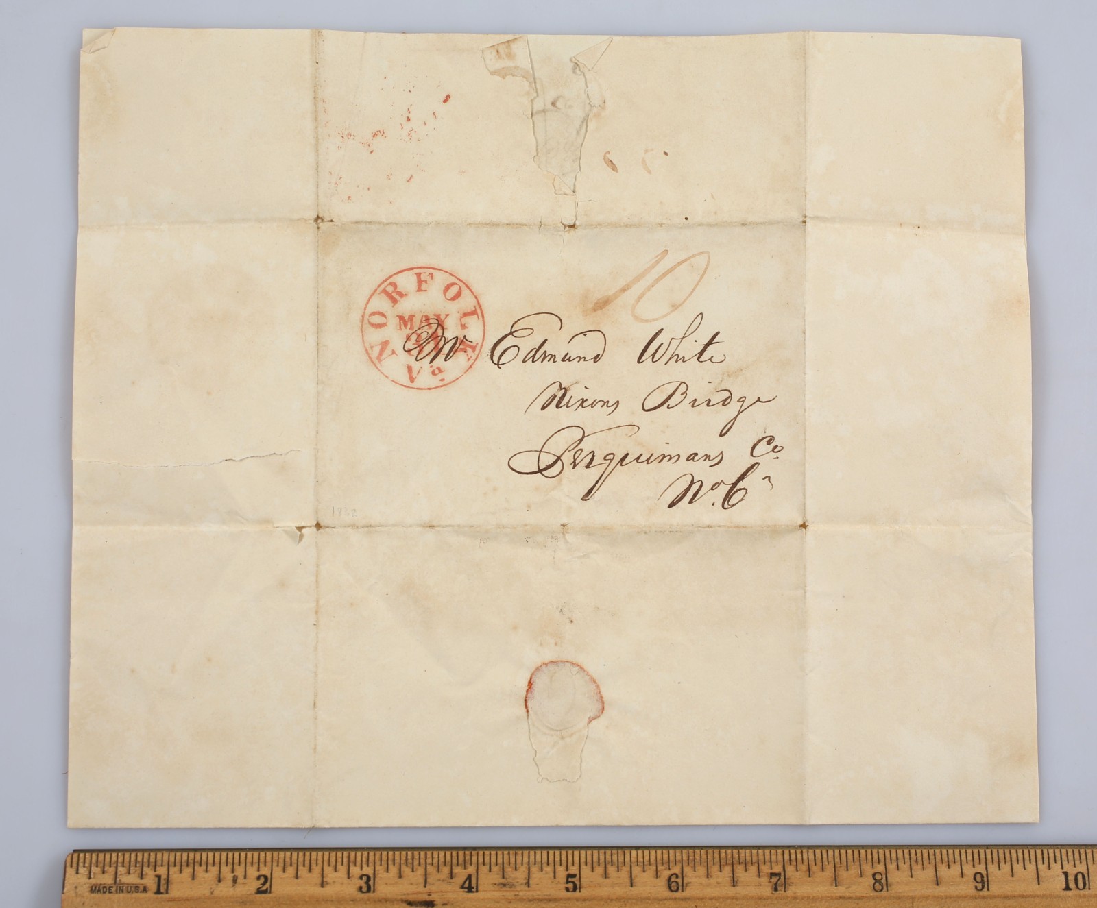 1832 Stampless Folded Cover Bacon Receipt Norfolk to Perquimans County NC