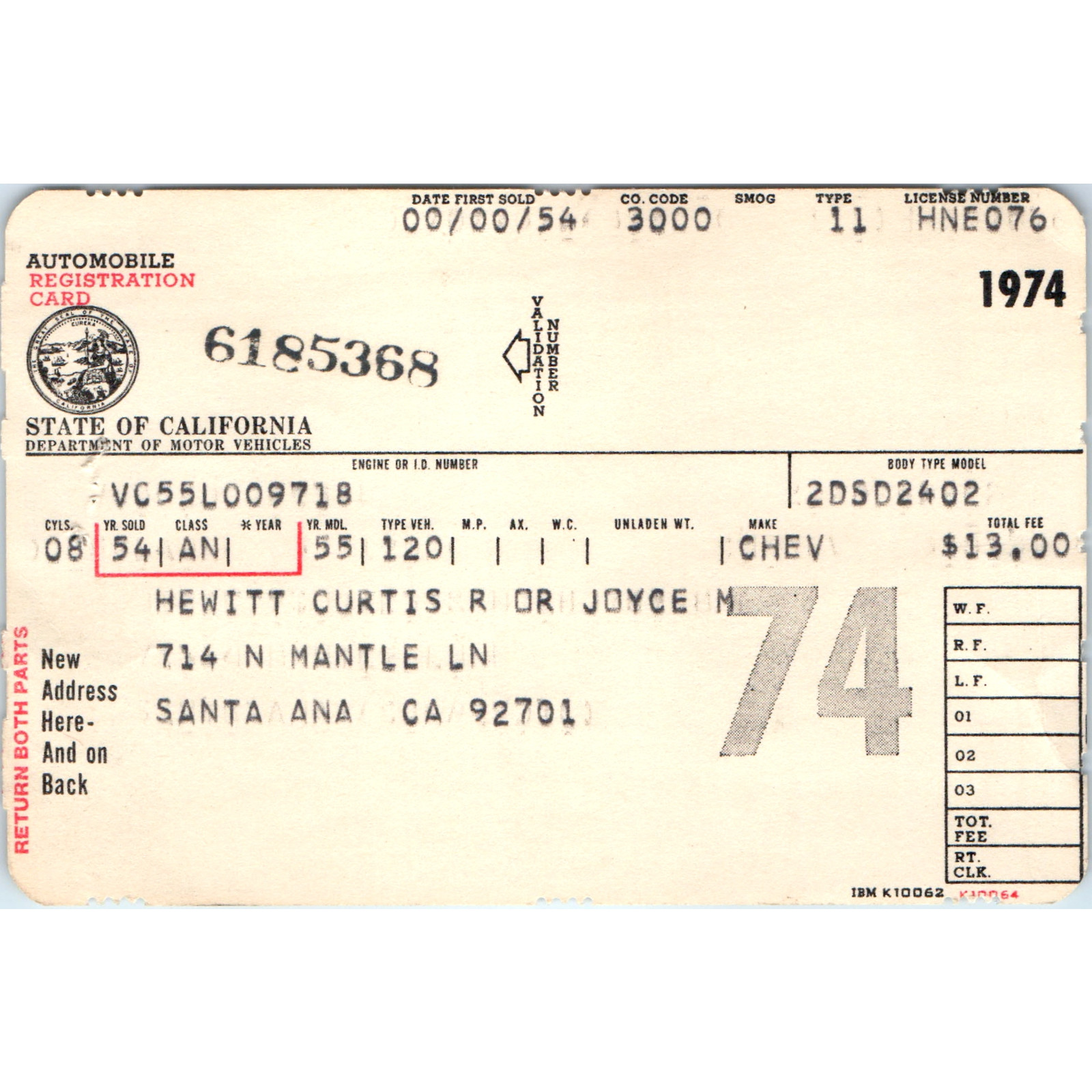 1974 California Automobile Registration Card 1955 Chevy Chevrolet Santa Ana CA