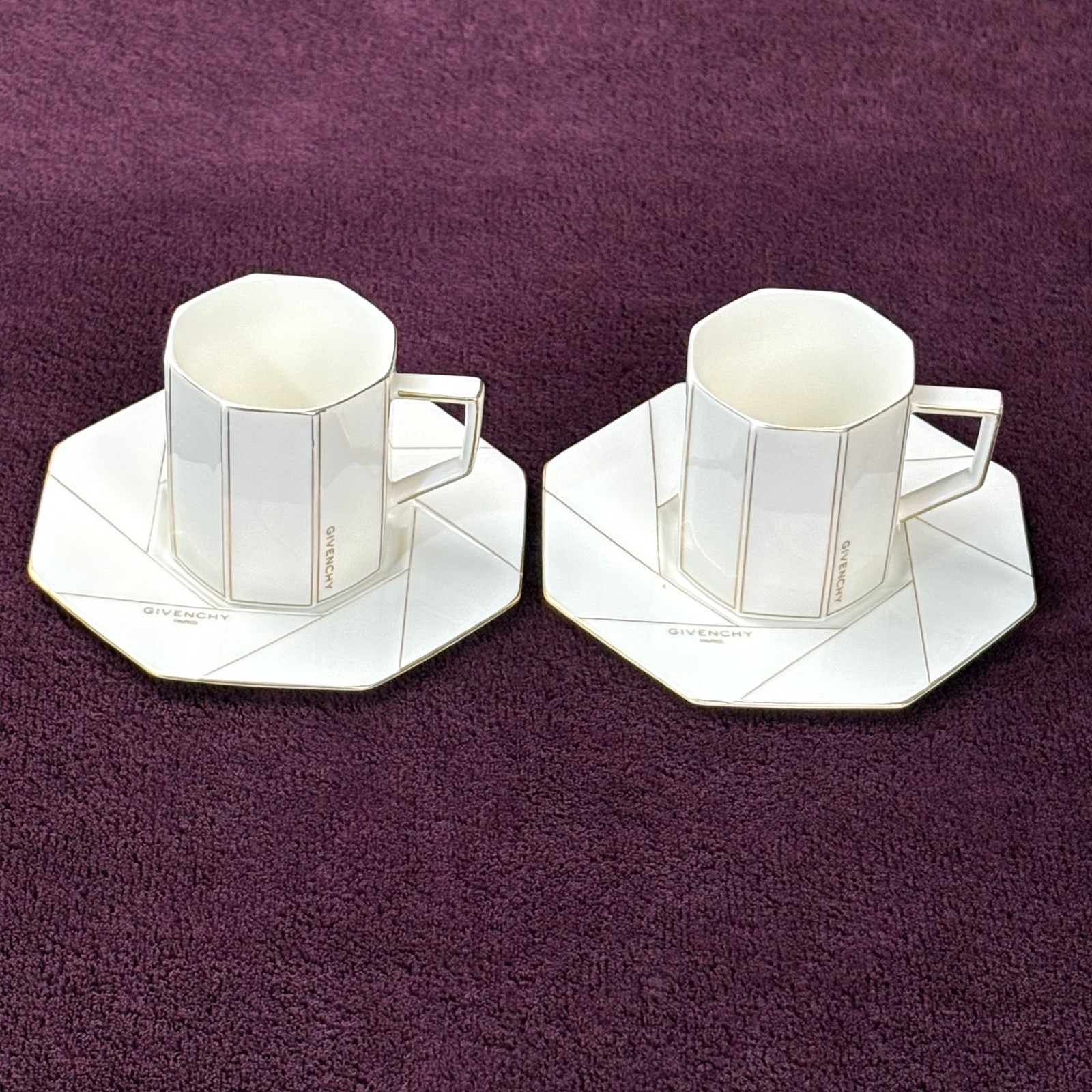 PAIR Vtg Givenchy Paris Octagonal Gold Porcelain Yamaka Japan Cup & Saucer Set