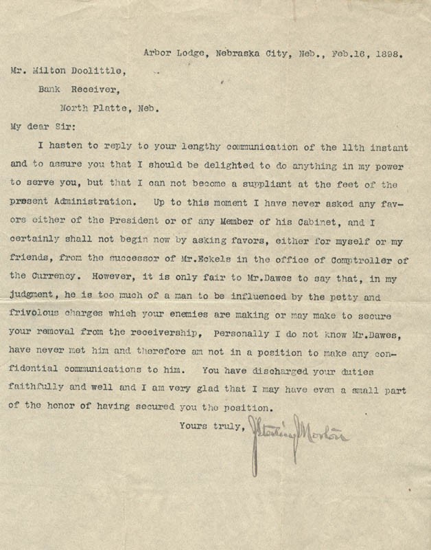 JULIUS S. MORTON - TYPED LETTER SIGNED 02/16/1898