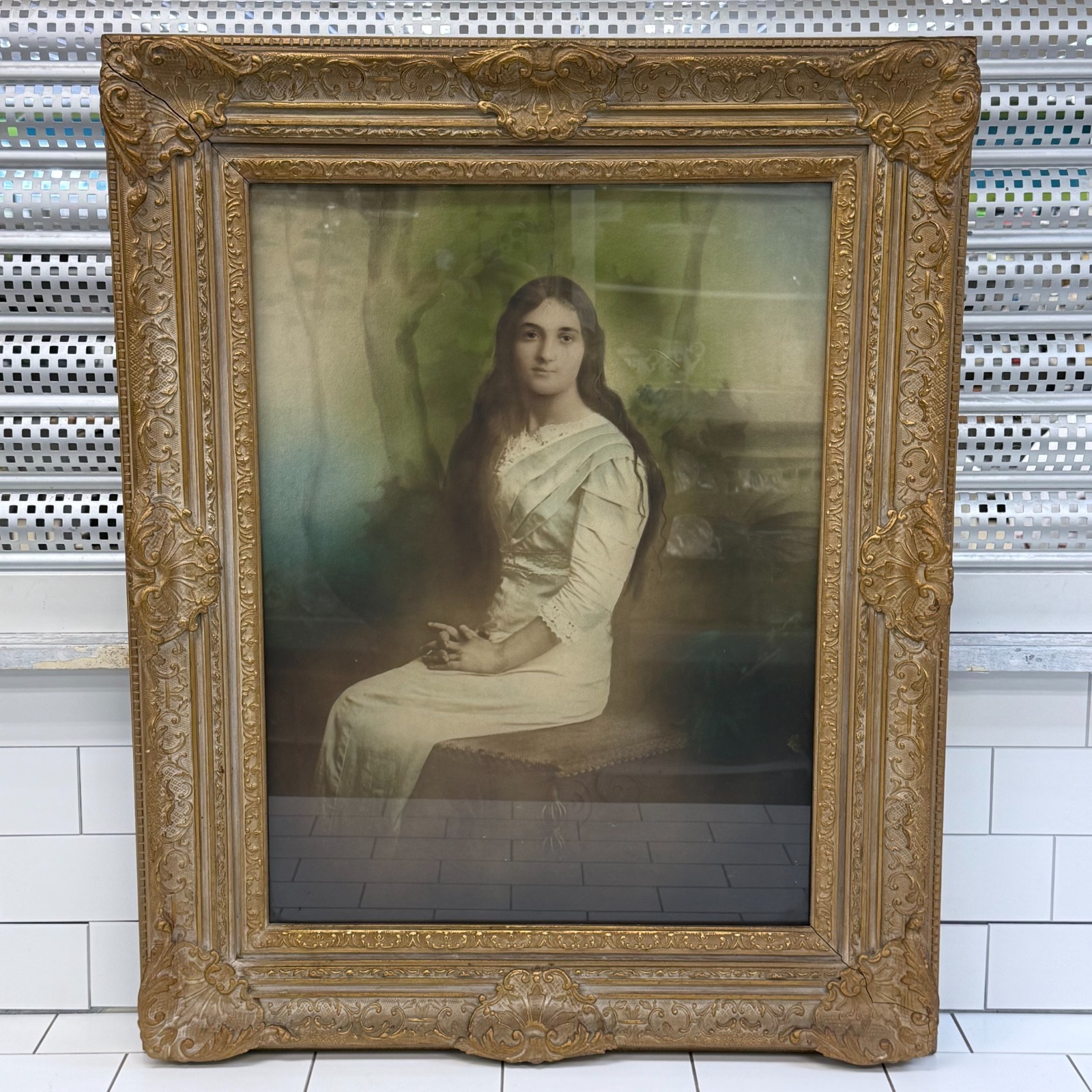 Antique Hand-Colored Portrait Female in Ornate Gold Tone Frame c.1910s