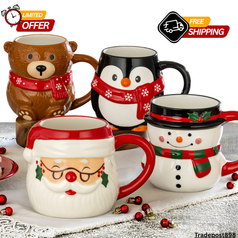 Signature Housewares Figural Holiday Christmas Mugs, 4-piece Set NEW IN BOX