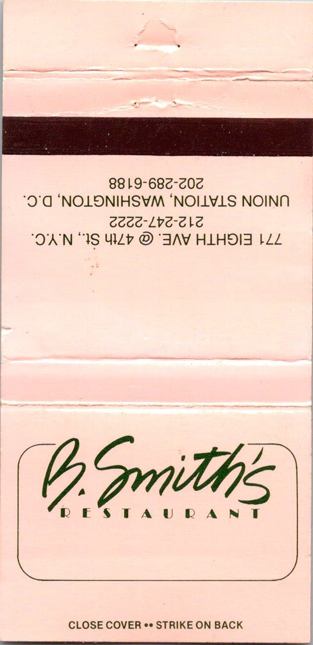 B Smith\'s Restaurant Union Station Washington DC Vintage Matchbook Cover TMM17-3