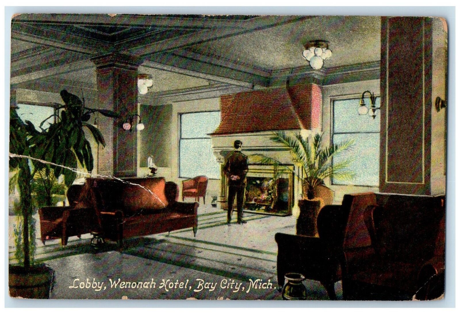 1910 Lobby Wenonah Hotel & Restaurant Guests View Bay City Michigan MI Postcard